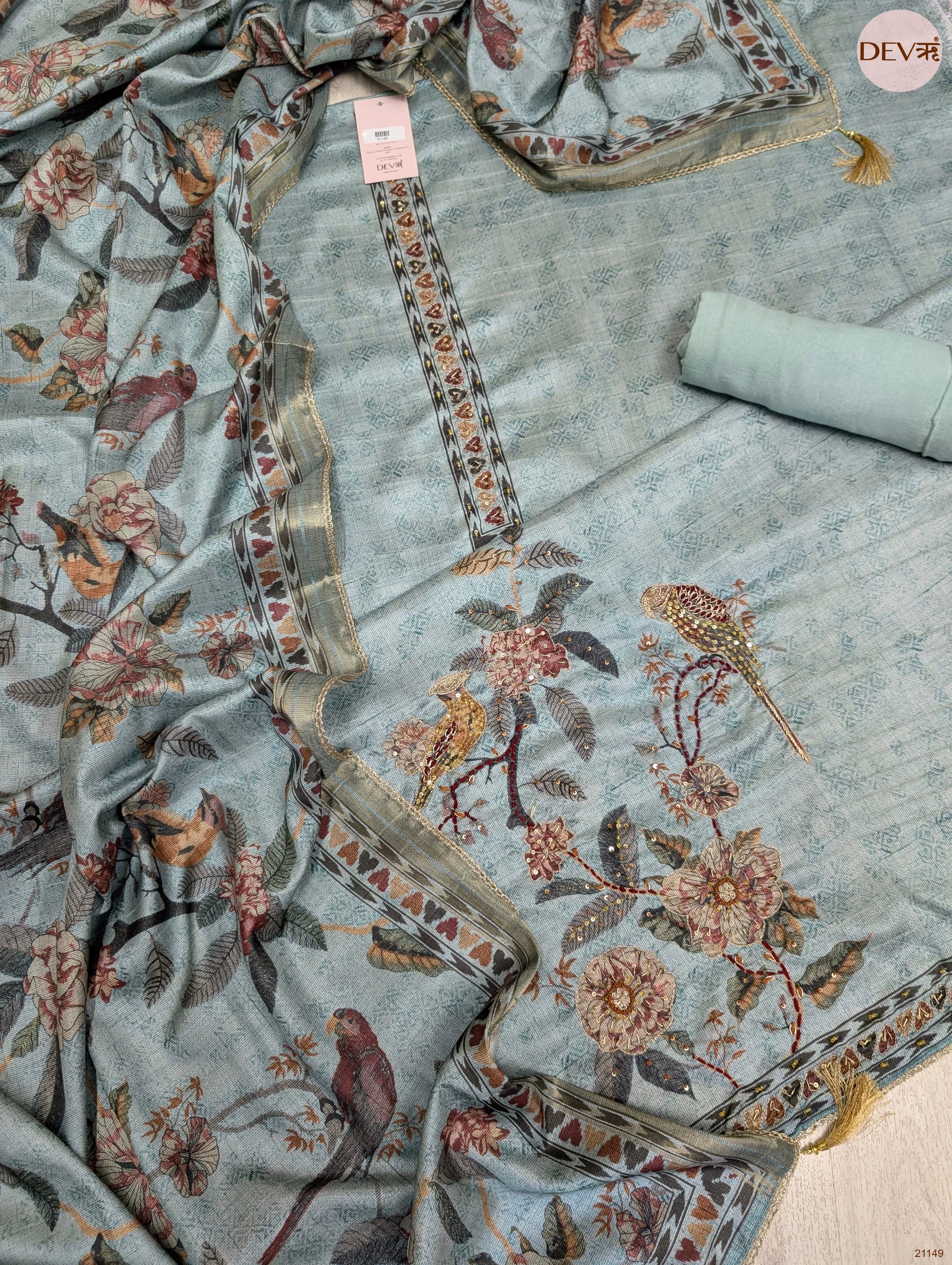 Blue Mul Chanderi Silk Printed Unstitched 3-Piece Suit (Devri – D.No 21149)