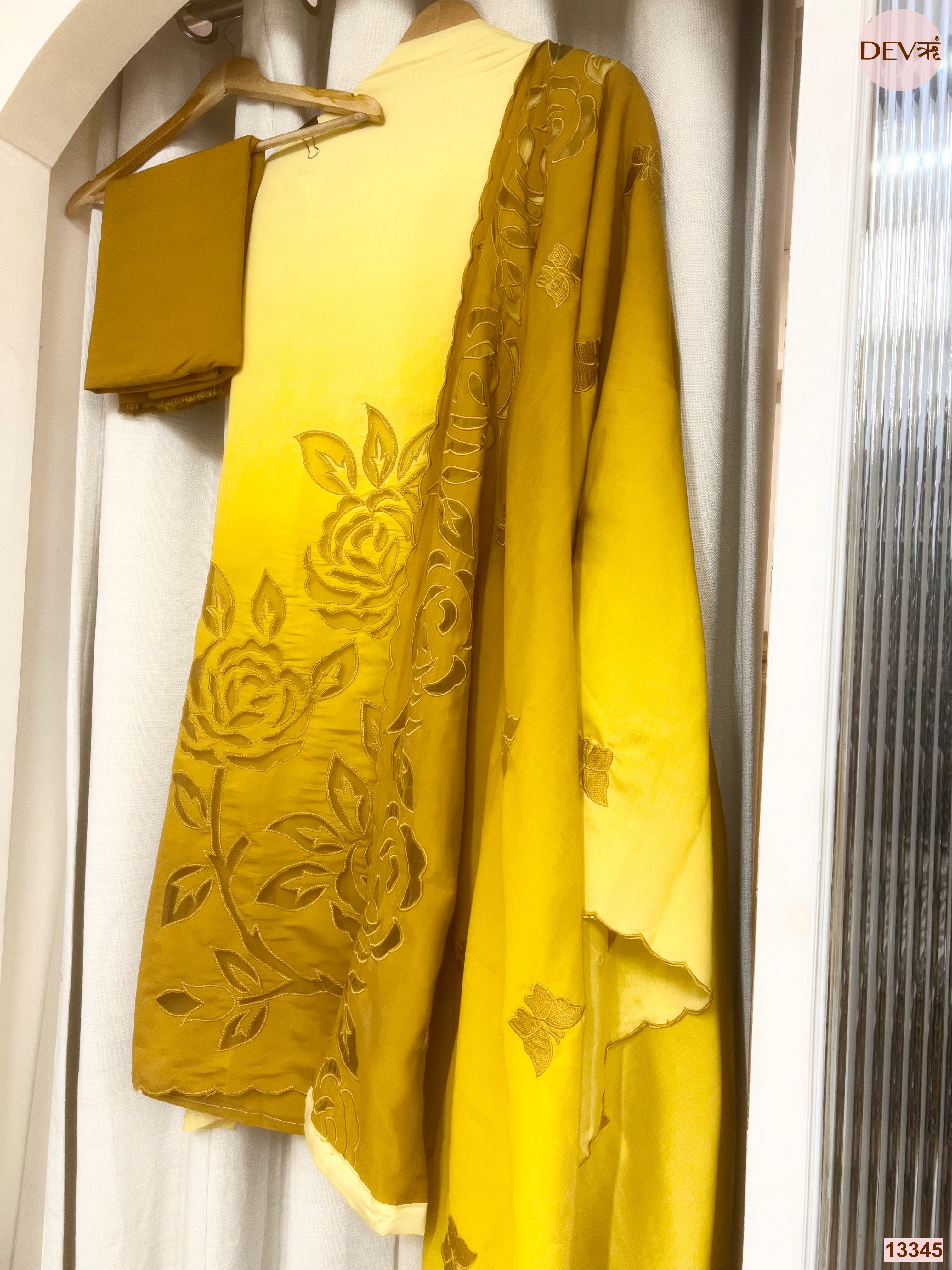 Yellow Mul Chanderi Embroidered Unstitched 3-Piece Suit (Devri – D.No 13345)