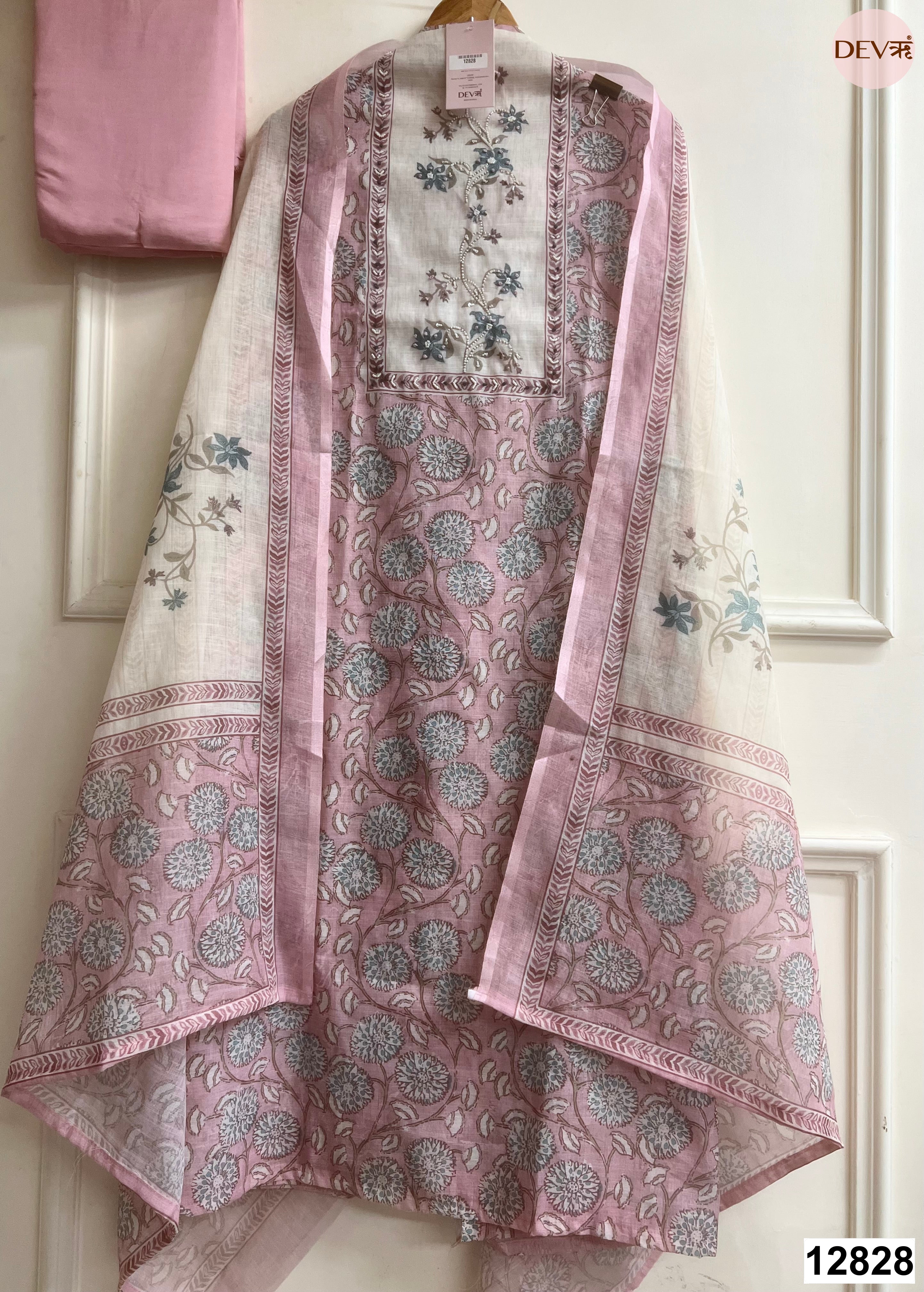 Pink Linen Cotton Printed Unstitched 3-Piece Suit (Devri – D.No 12828)