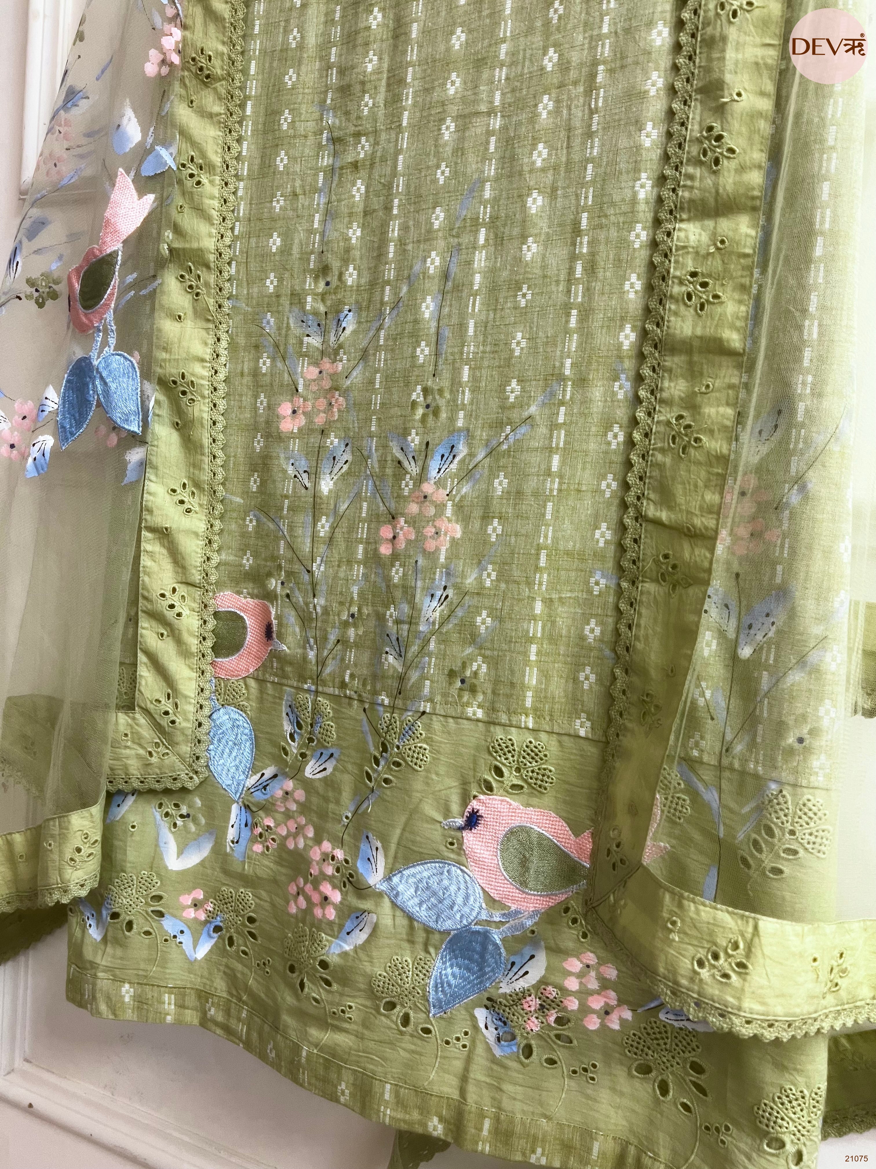 Olive Pure Cotton Printed Unstitched 3-Piece Suit (Devri – D.No 21075)