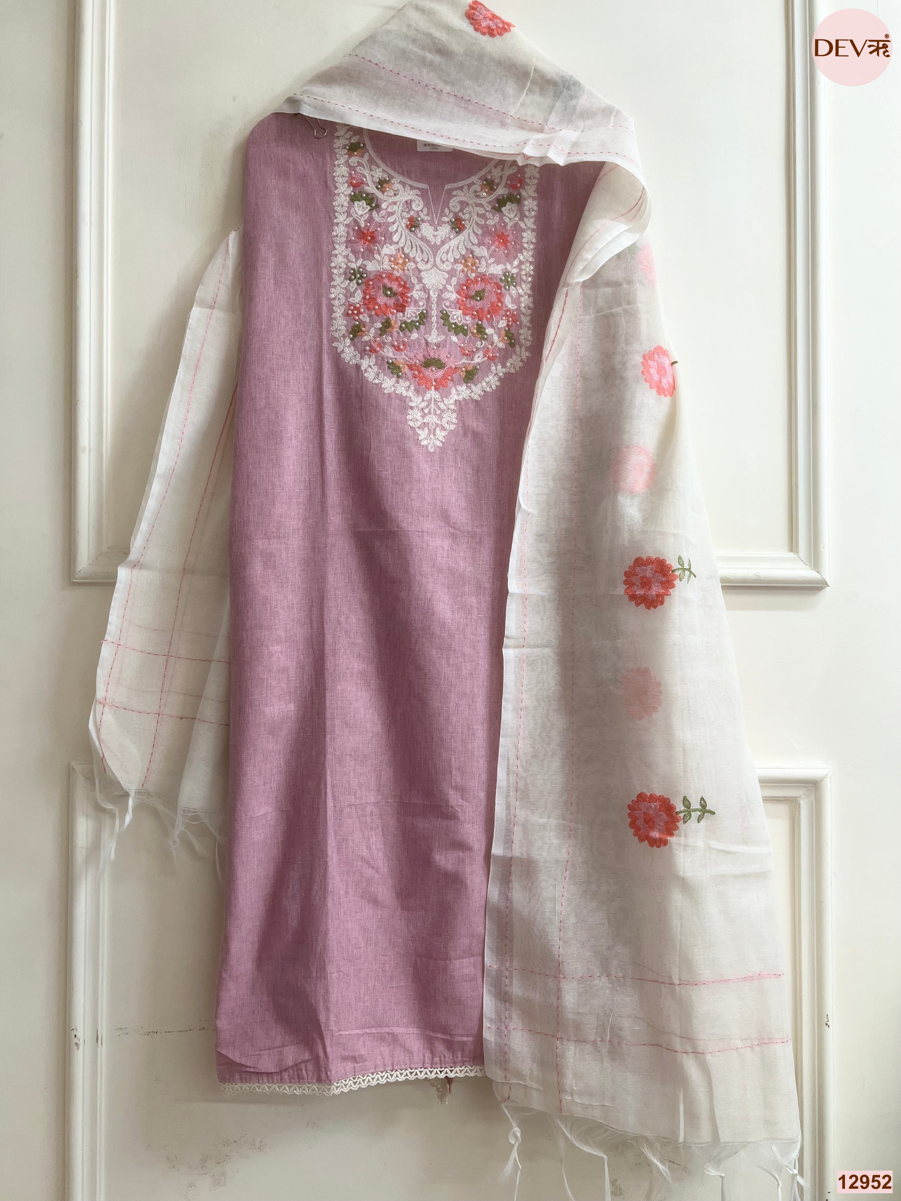 Pink Cotton Handloom Embroidered Unstitched 3-Piece Suit (Devri – D.No 12952)
