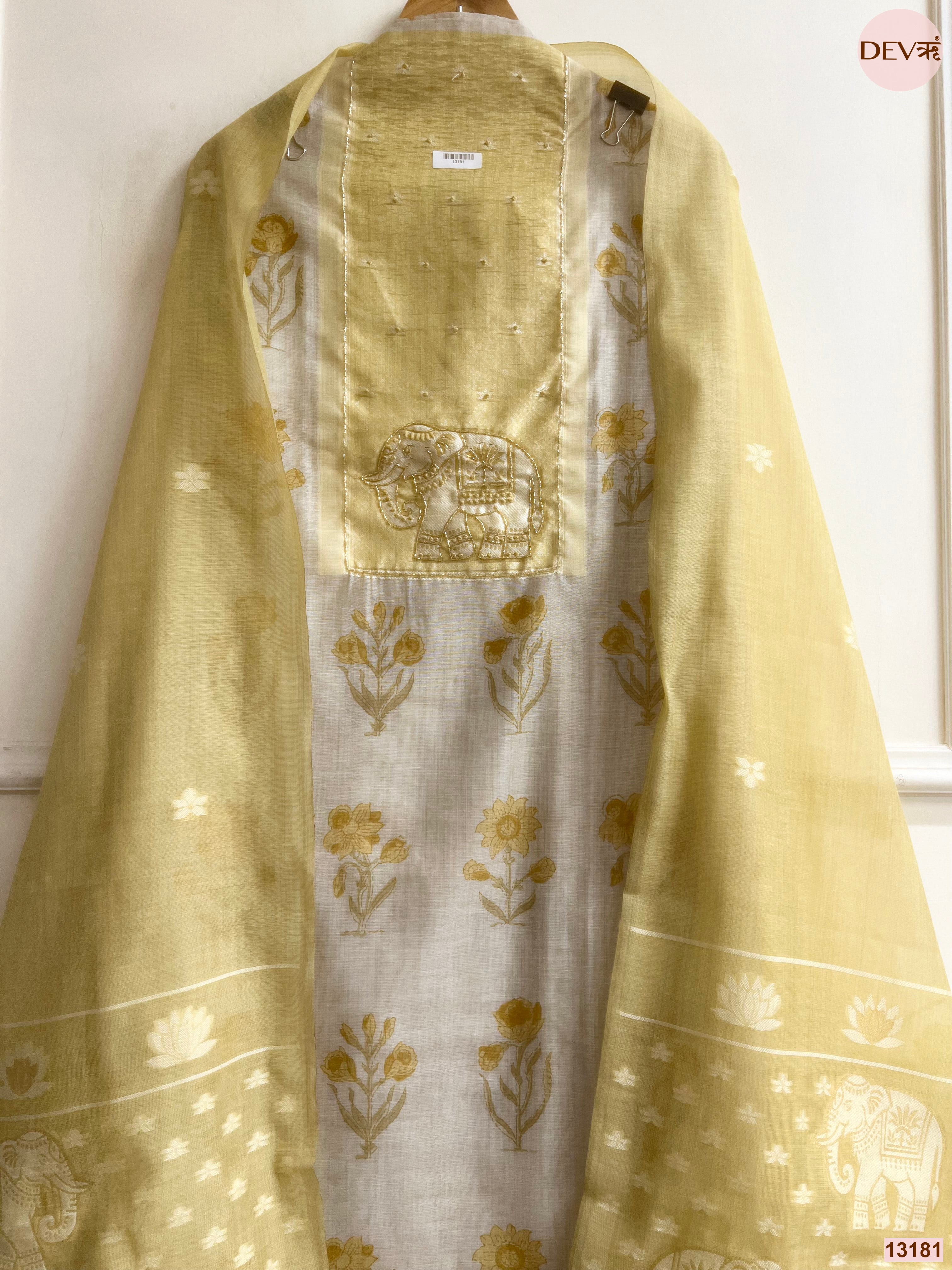 Yellow Mul Chanderi Printed Unstitched 3-Piece Suit (Devri – D.No 13181)