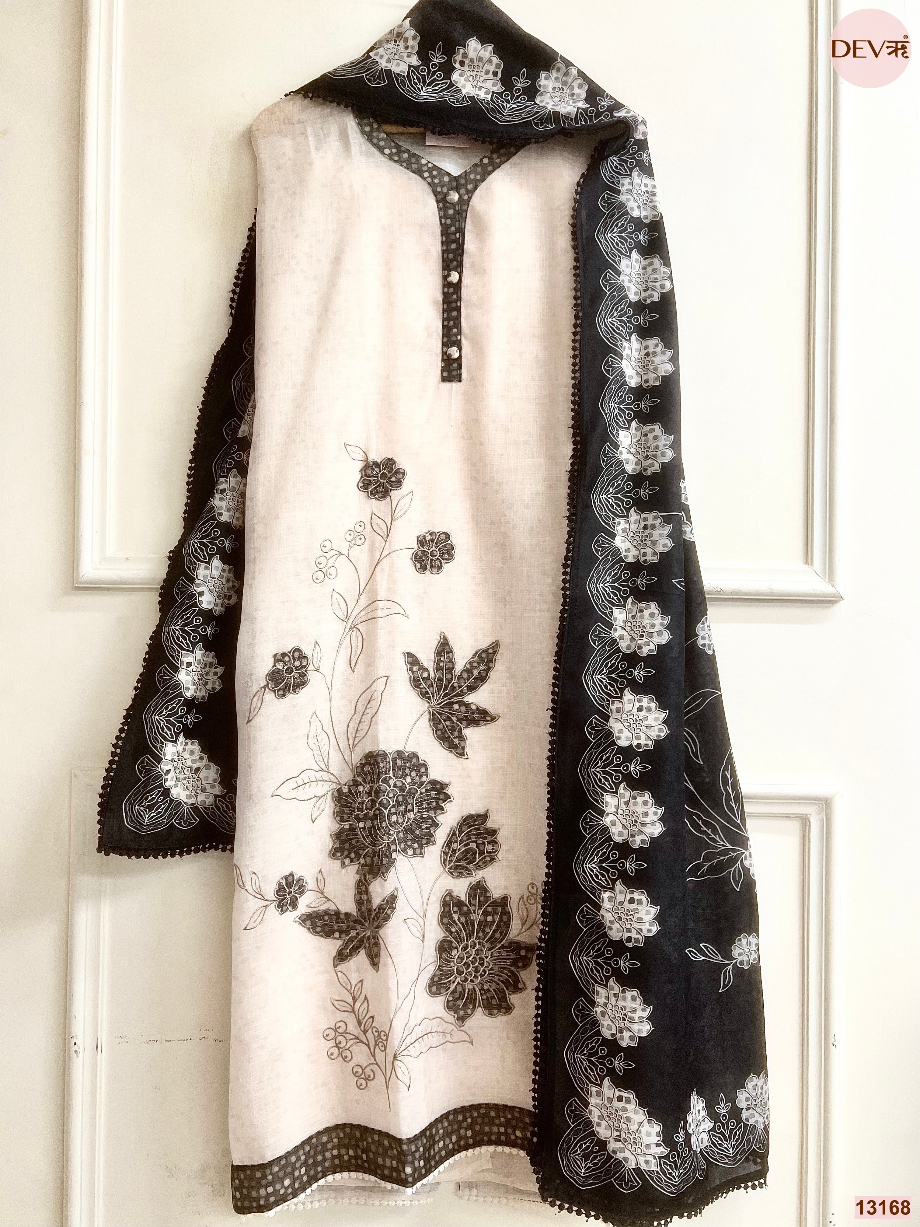 Cream Linen Cotton Printed Unstitched 3-Piece Suit (Devri – D.No 13168)