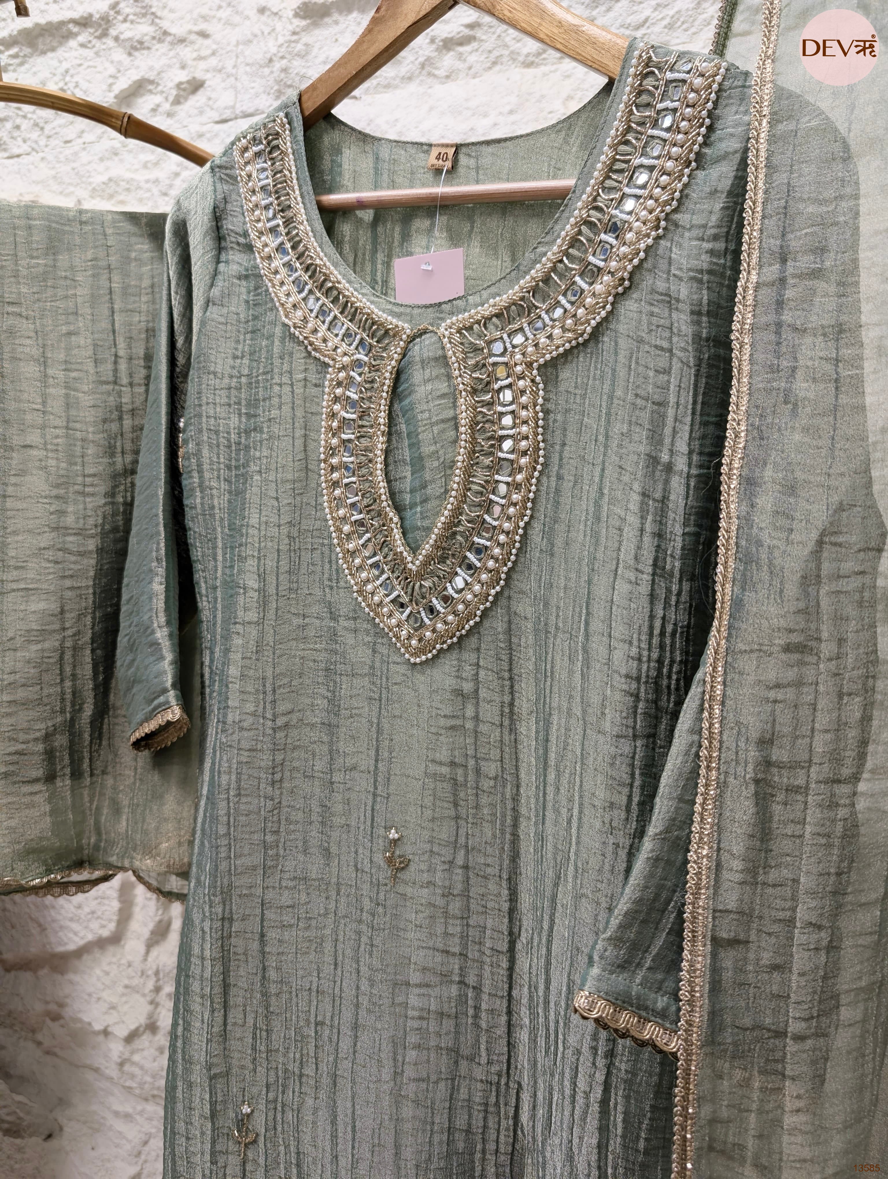 Zarmina Tissue crush silk Embroidered Sage Green 3-Piece Set (Devri – D.No 13585)