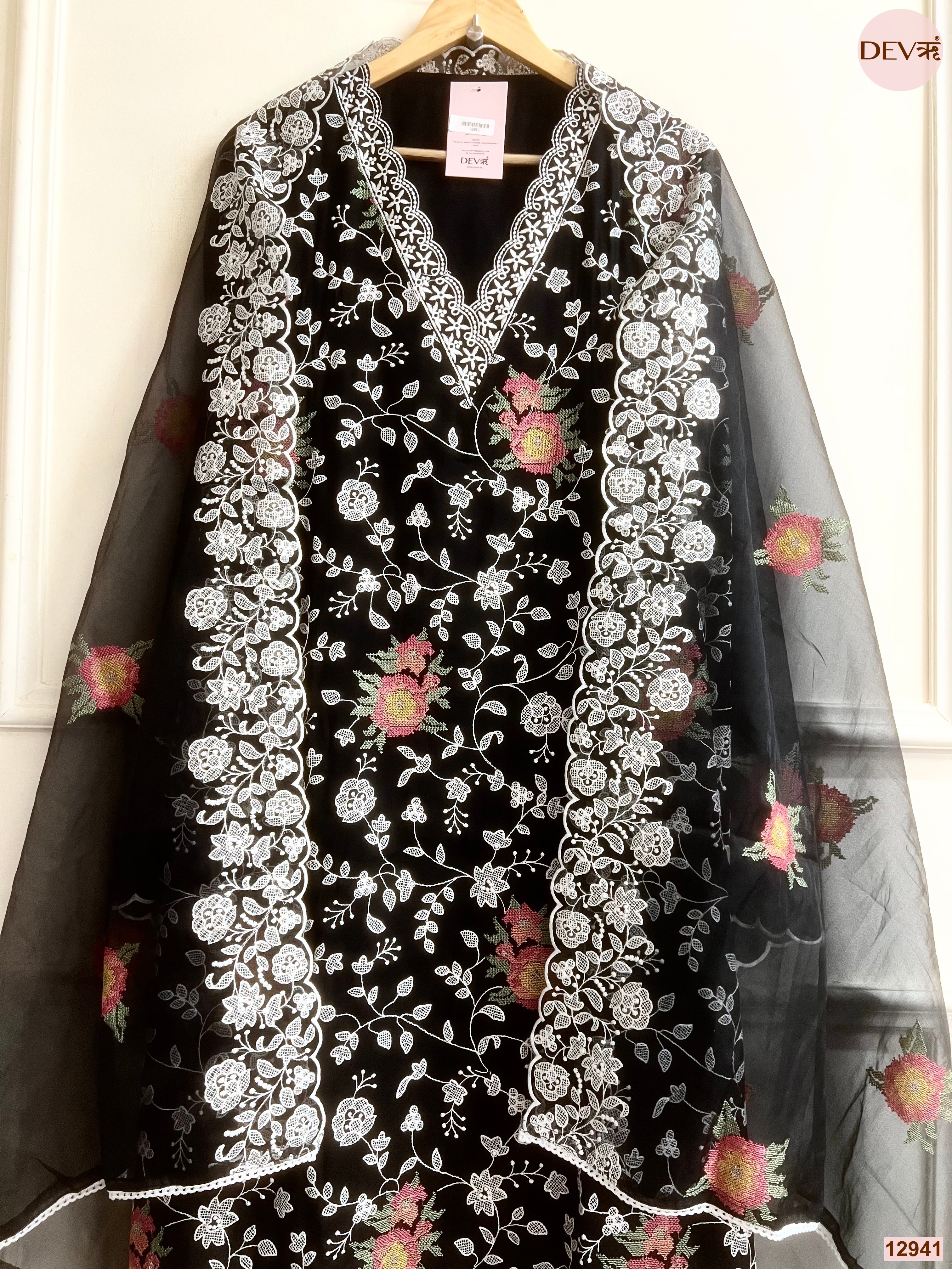 Black Organza Embroidered Unstitched 3-Piece Suit (Devri – D.No 12941)