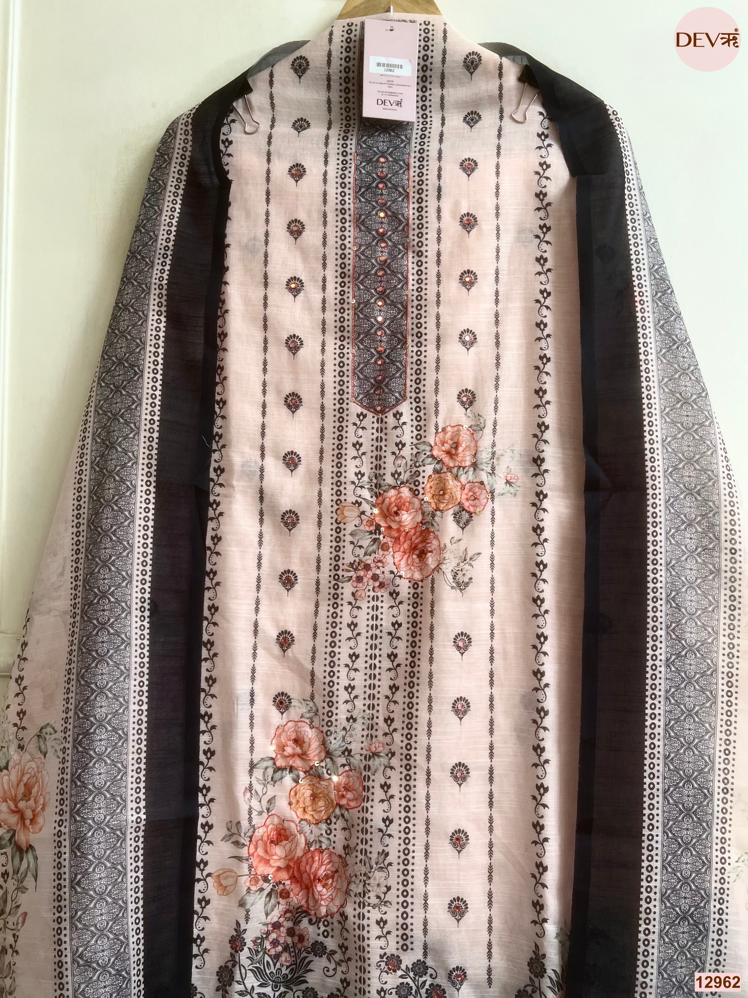 Peach Linen Cotton Printed Unstitched 3-Piece Suit (Devri – D.No 12962)