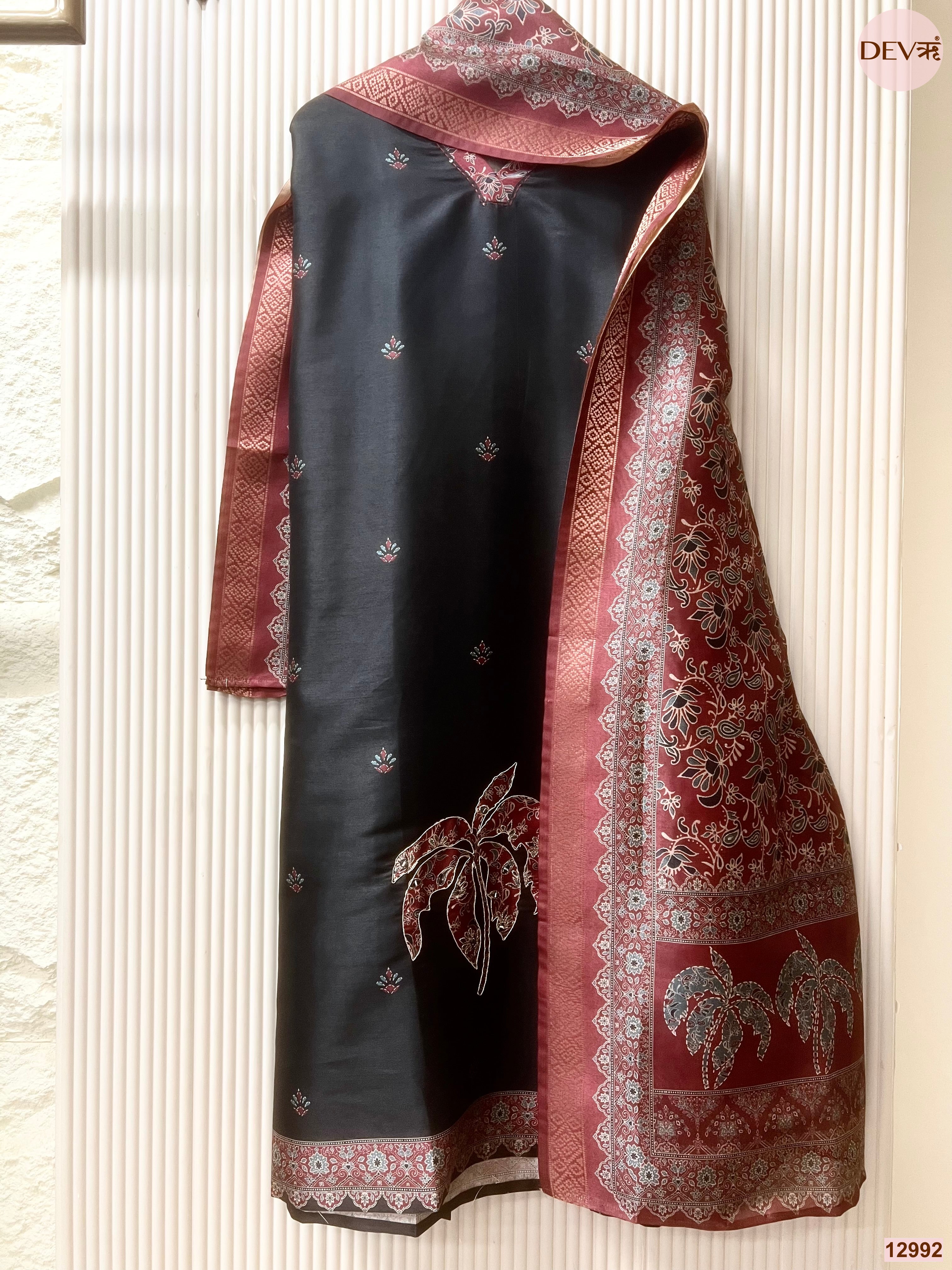 Black Raw Silk Printed Unstitched 3-Piece Suit (Devri – D.No 12992)