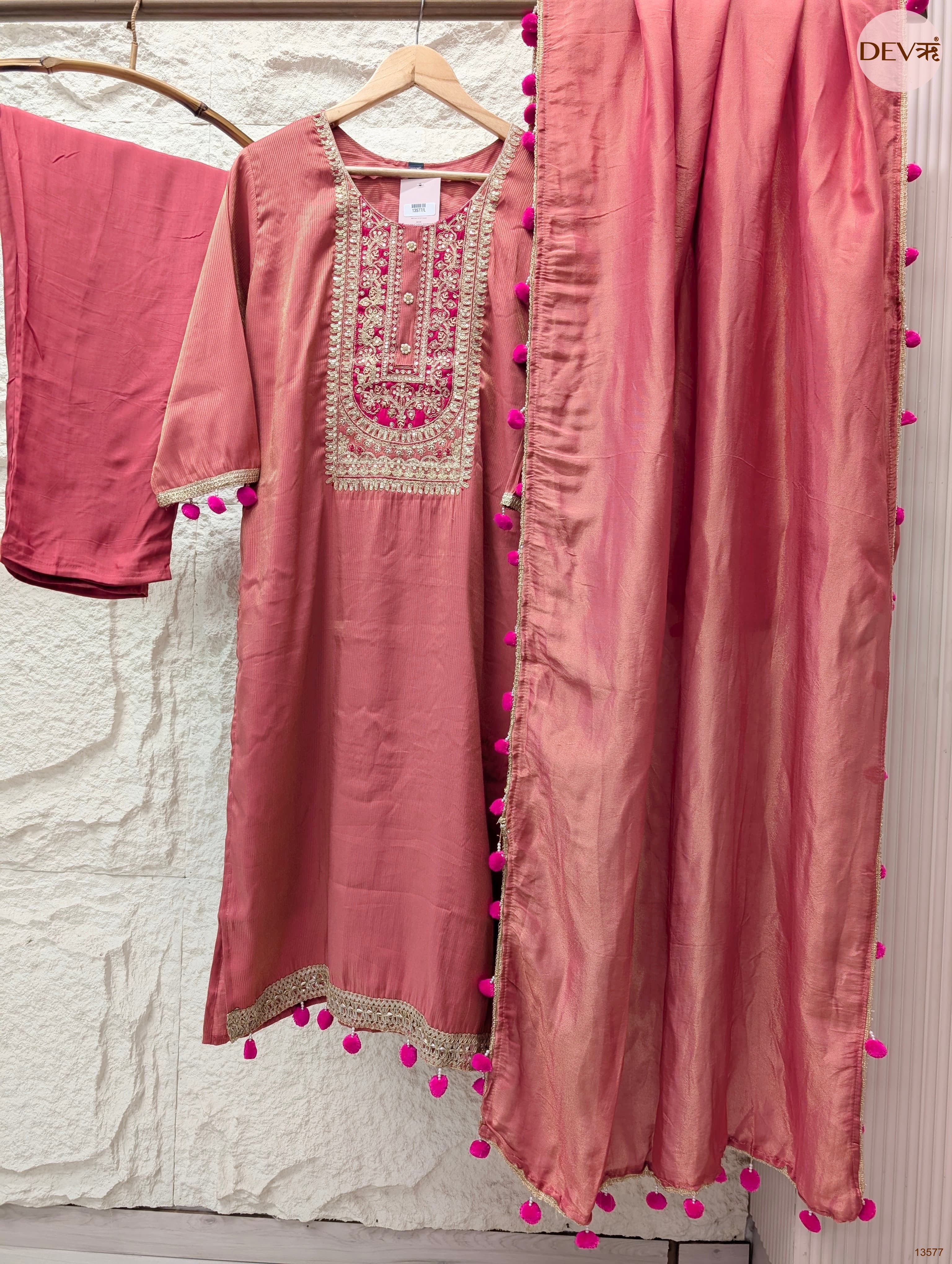 Gulnaar Tissue silk Embroidered Dusty Rose 3-Piece Set (Devri – D.No 13577)