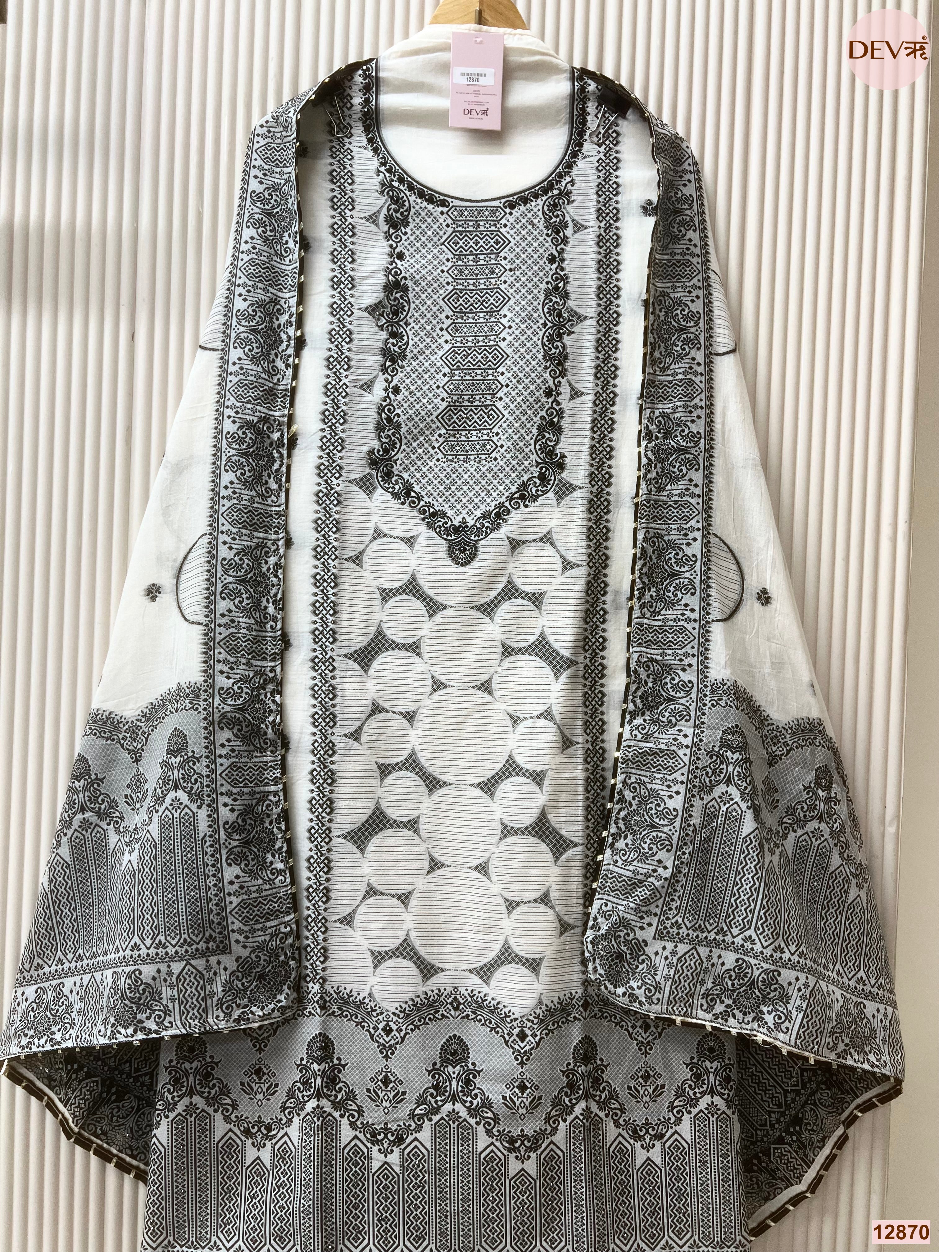 White Jamdani Cotton Printed Unstitched 3-Piece Suit (Devri – D.No 12870)