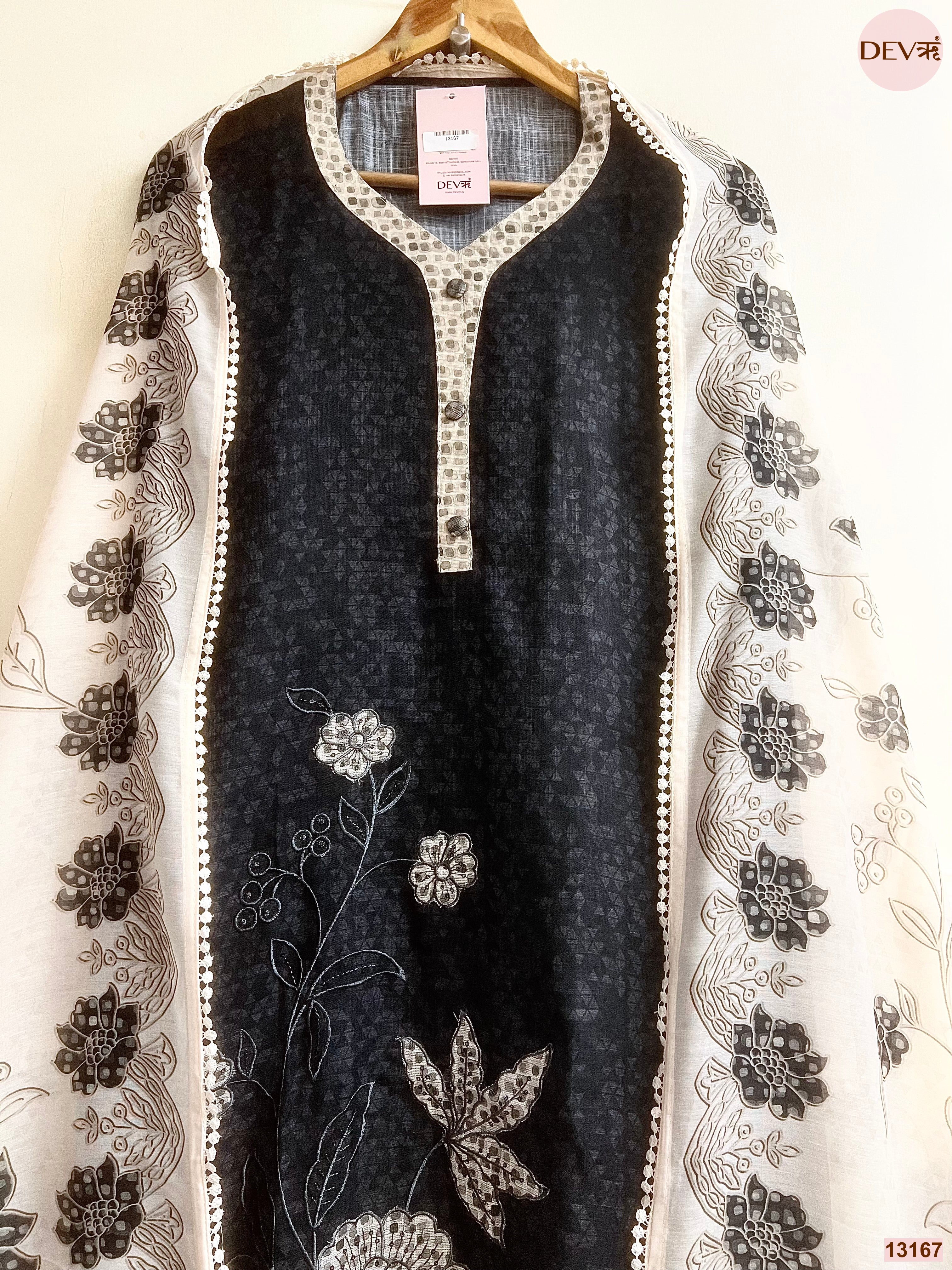 Black Linen Cotton Printed Unstitched 3-Piece Suit (Devri – D.No 13167)