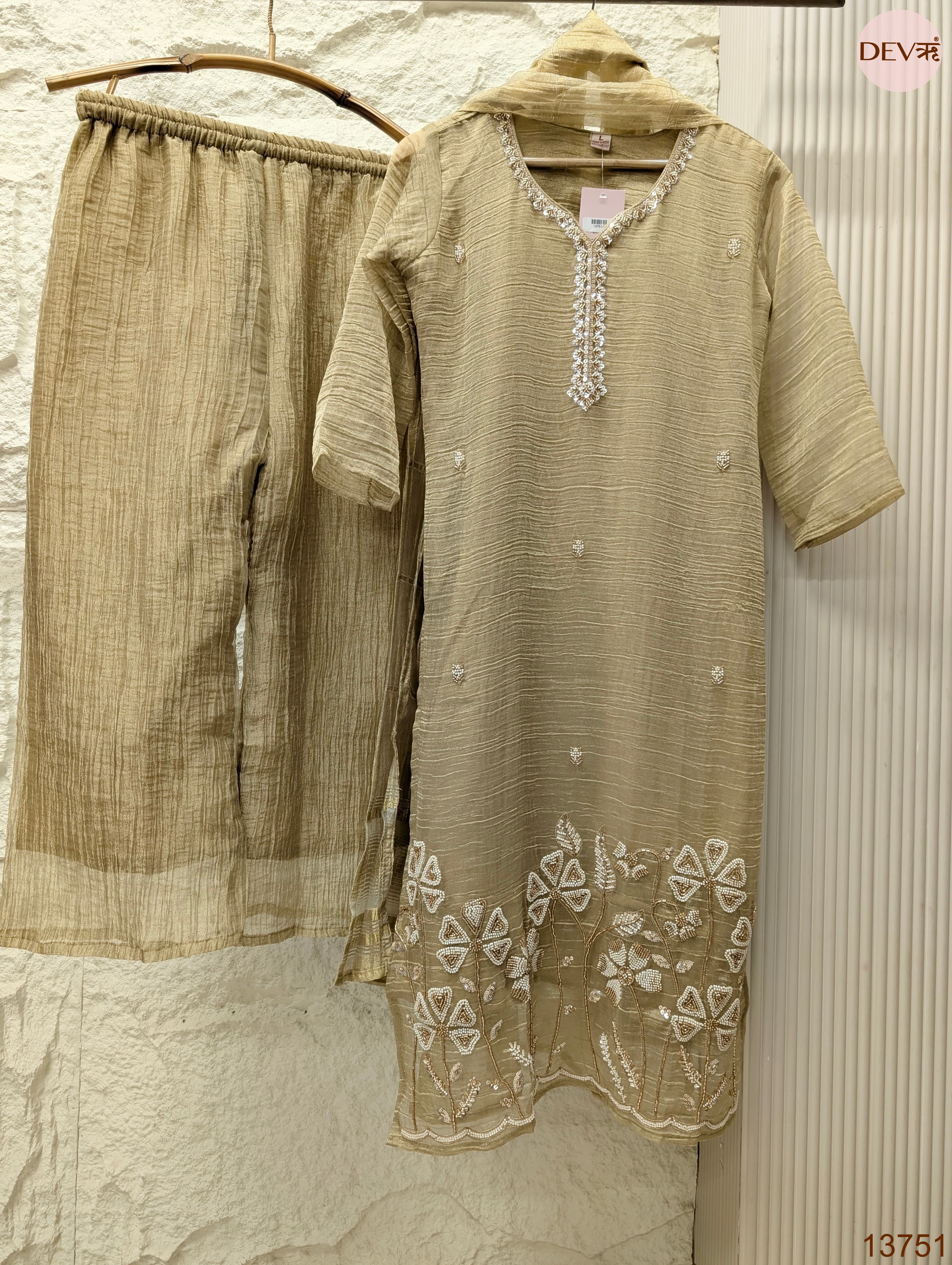 Zarmina Tissue crush Silk Embroidered Beige 3-Piece Set (Devri – D.No 13751)