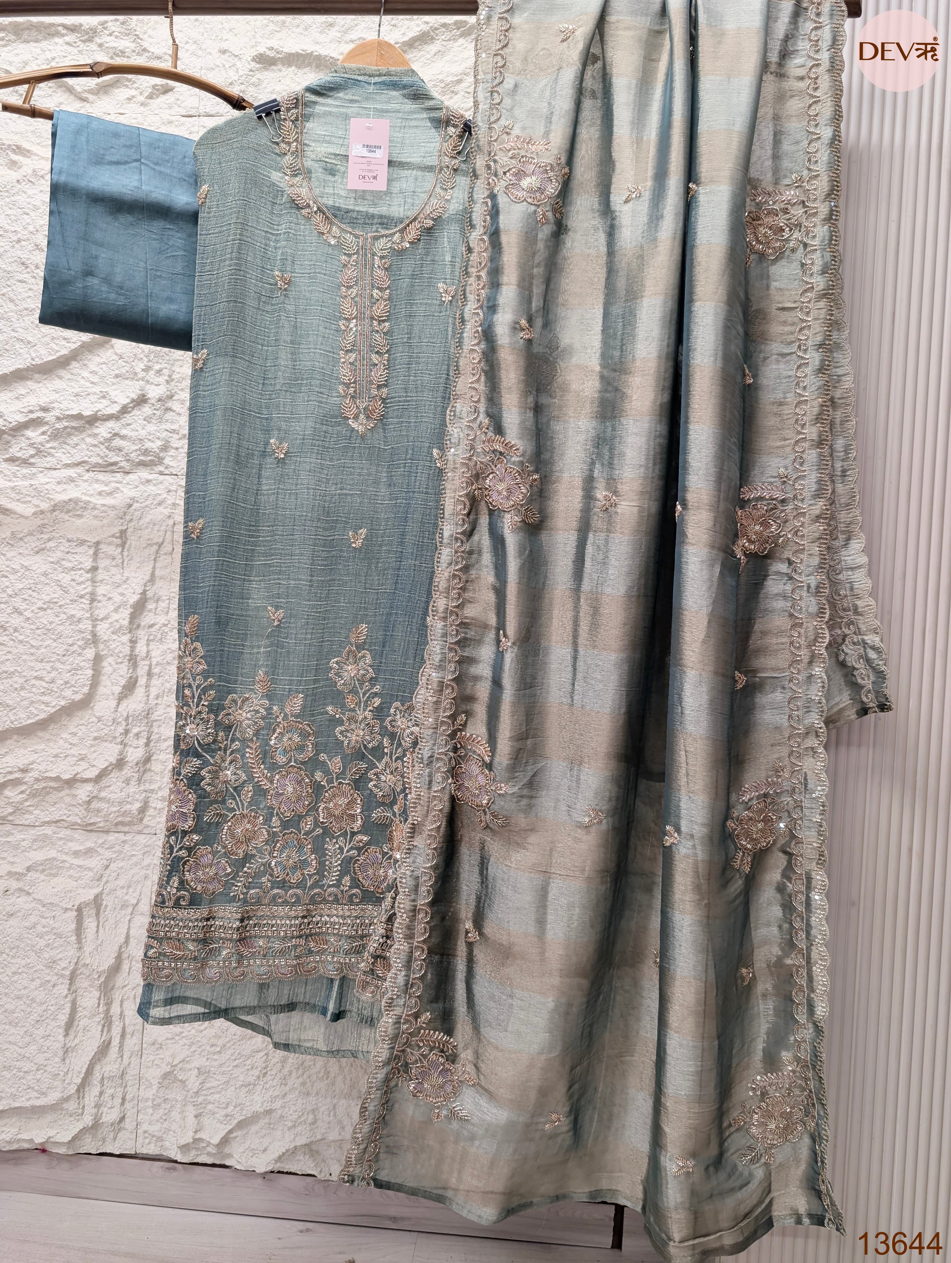 Teal Tissue Crush Silk Embroidered Unstitched 3-Piece Suit (Devri – D.No 13644)