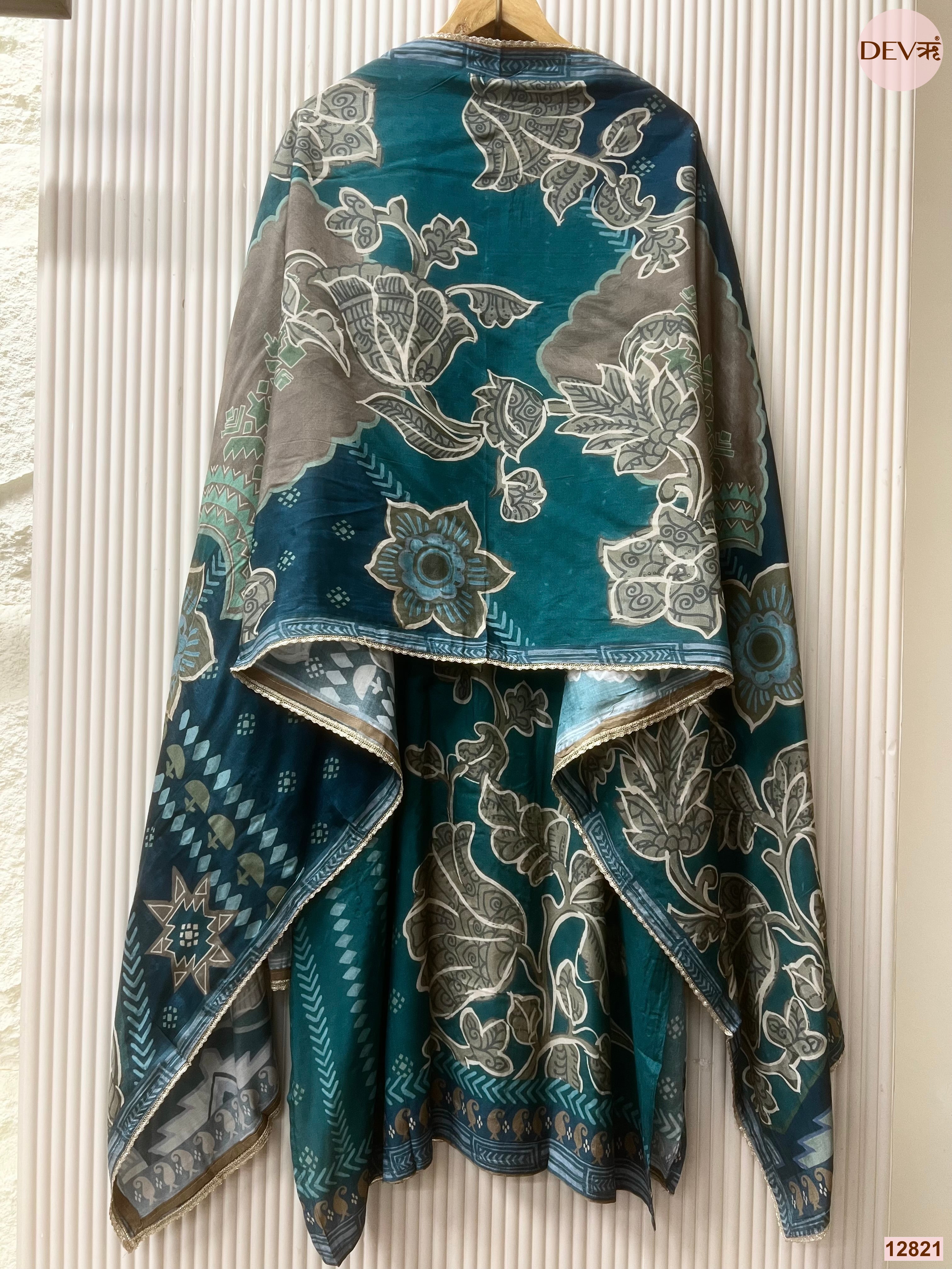 Teal Muslin Printed Unstitched 3-Piece Suit (Devri – D.No 12821)