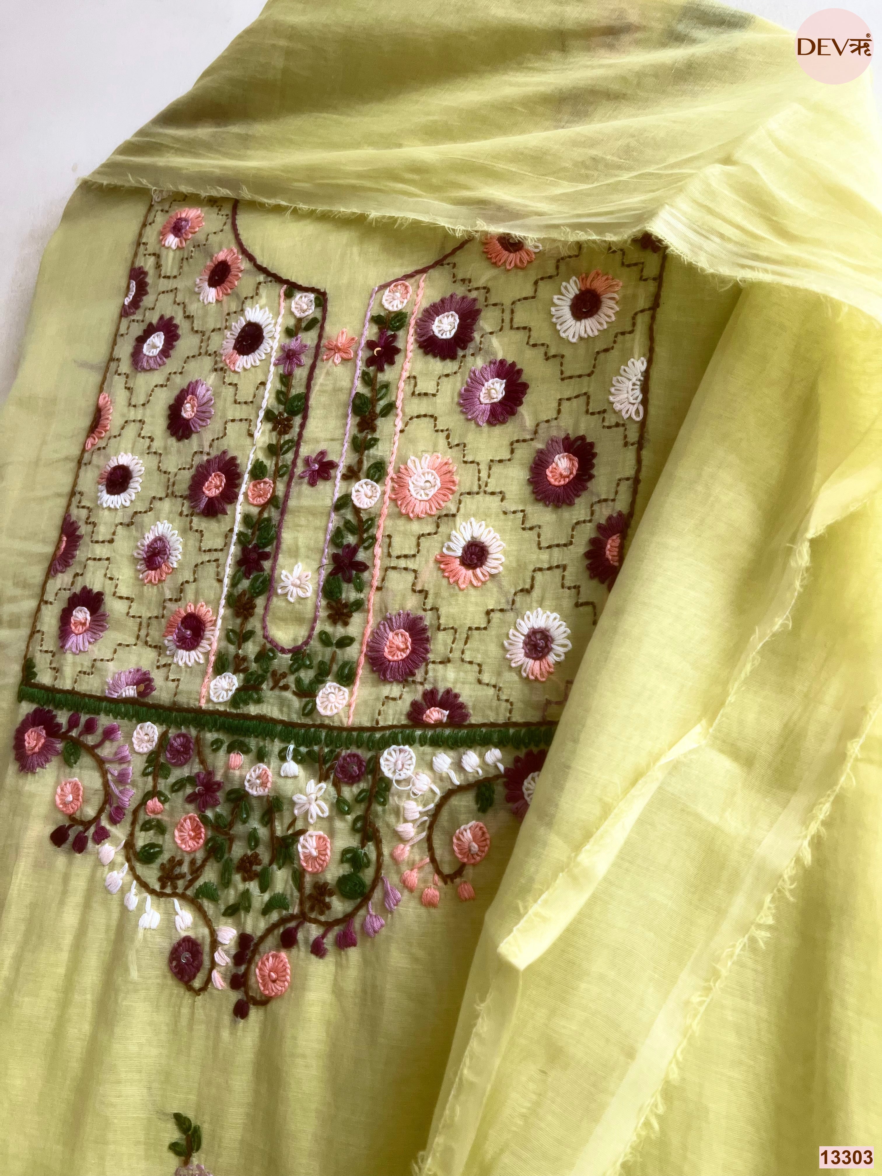 Yellow Mul Chanderi Embroidered Unstitched 3-Piece Suit (Devri – D.No 13303)