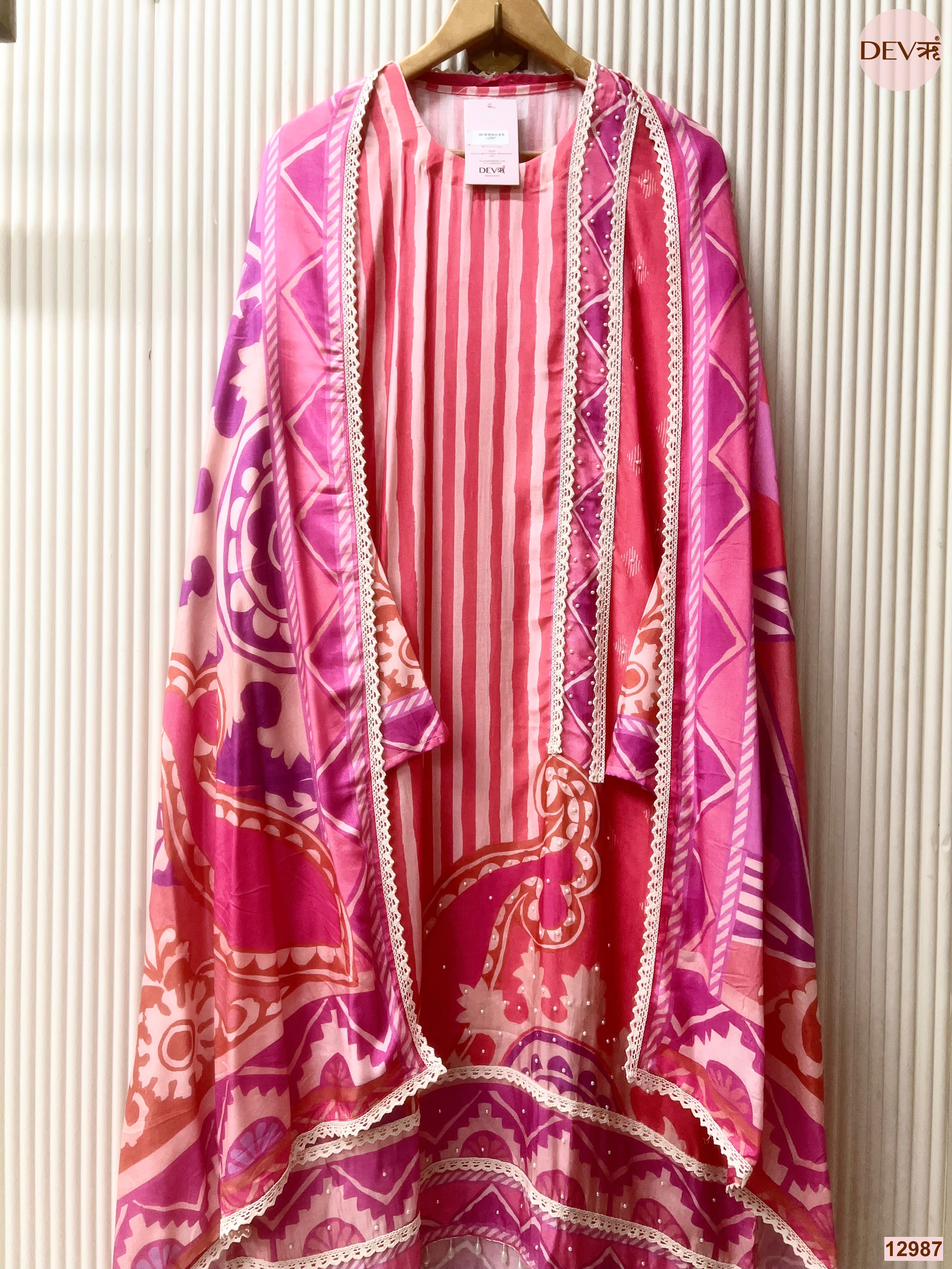 Pink Muslin Printed Unstitched 3-Piece Suit (Devri – D.No 12987)