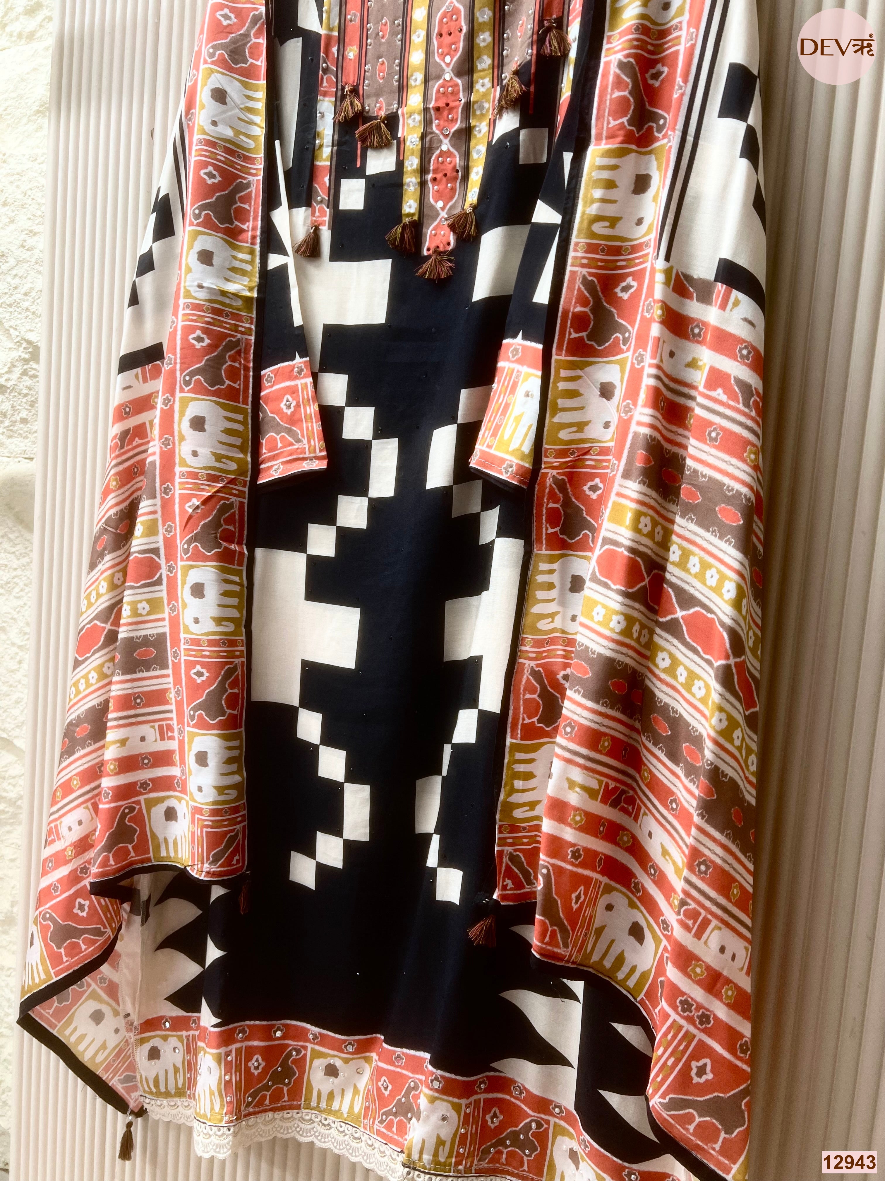 Black Muslin Printed Unstitched 3-Piece Suit (Devri – D.No 12943)