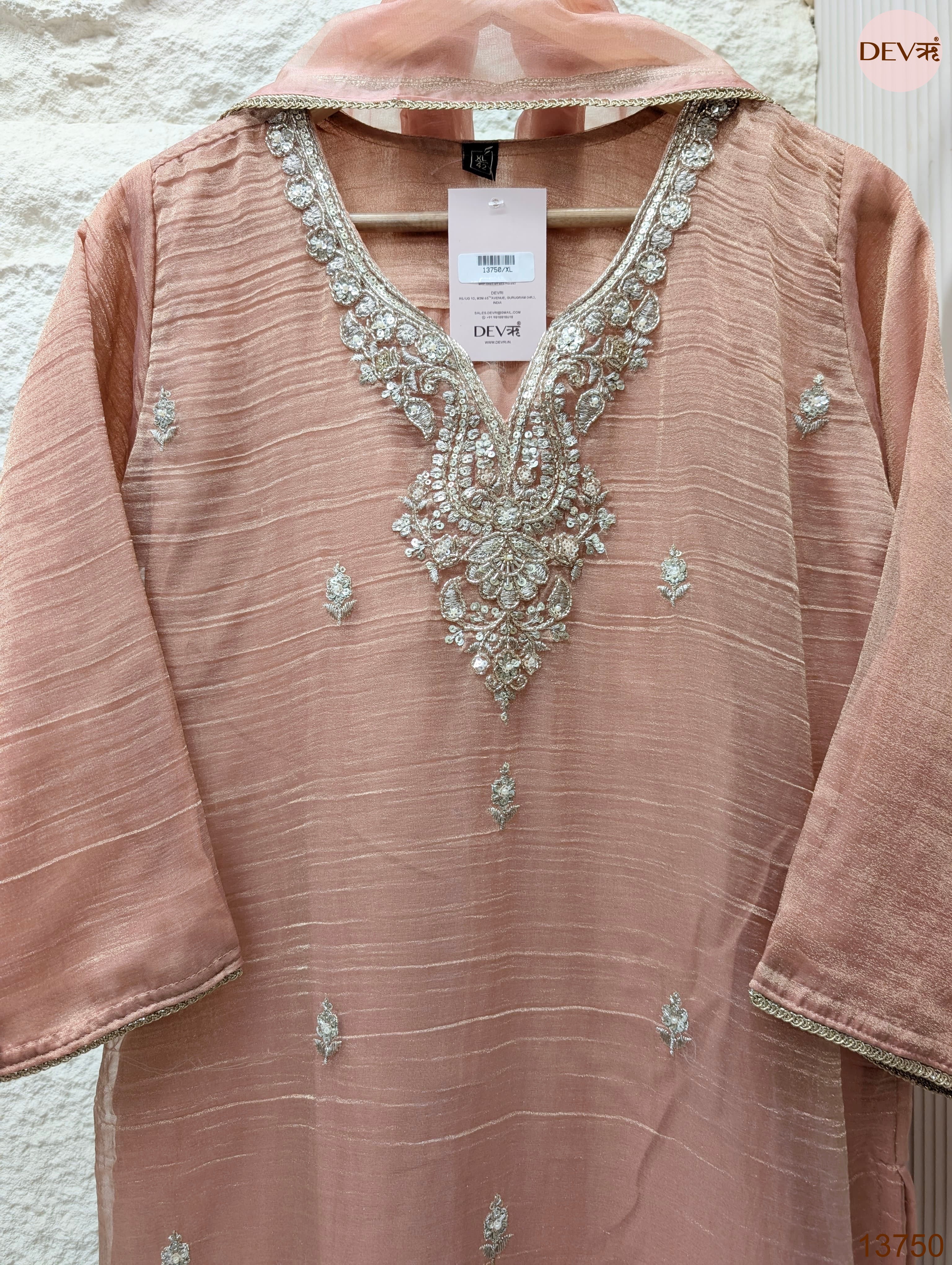 Gulrang Tissue silk blend Embroidered Peach 3-Piece Set (Devri – D.No 13750)