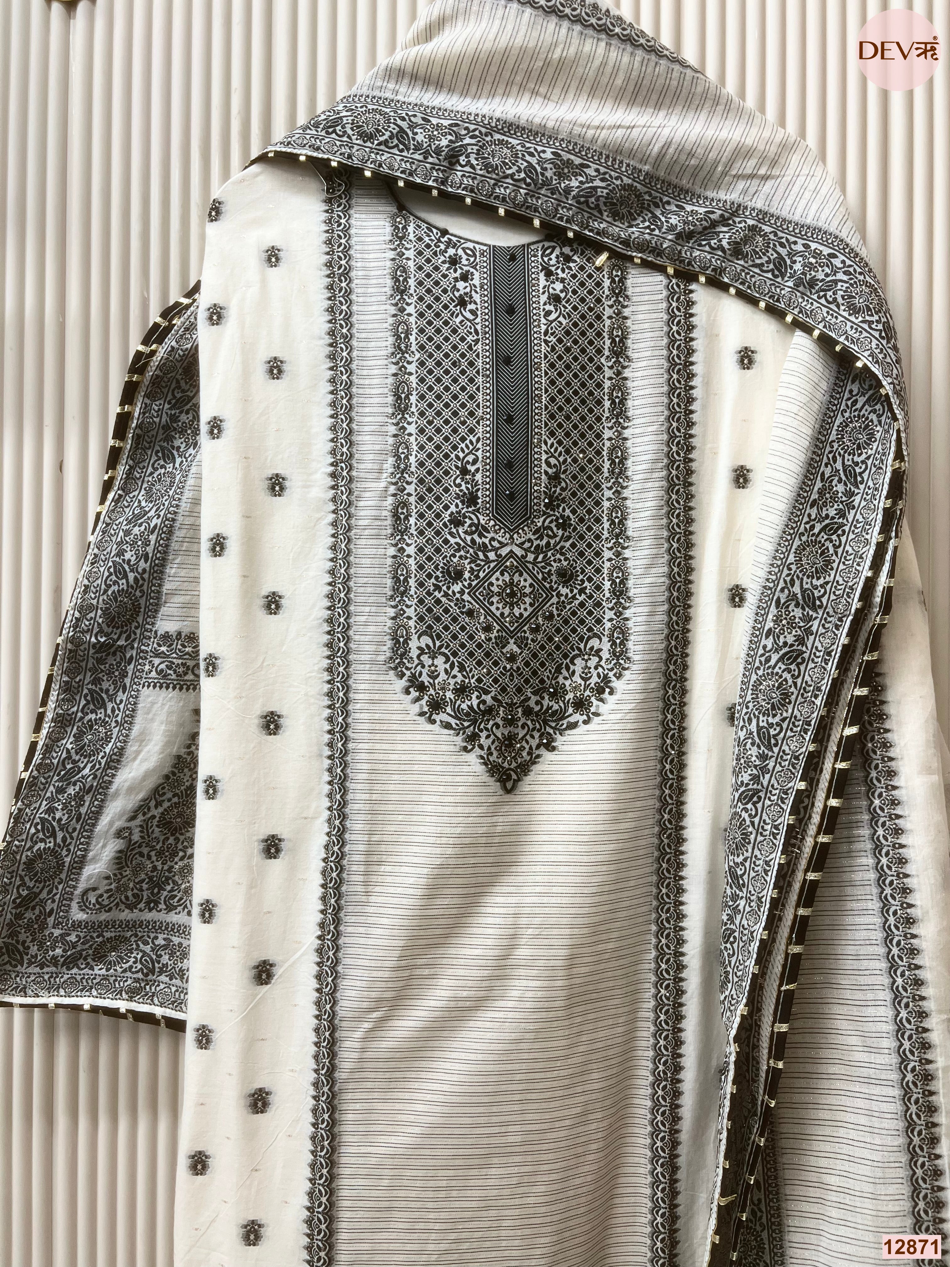 White Jamdani Cotton Printed Unstitched 3-Piece Suit (Devri – D.No 12871)