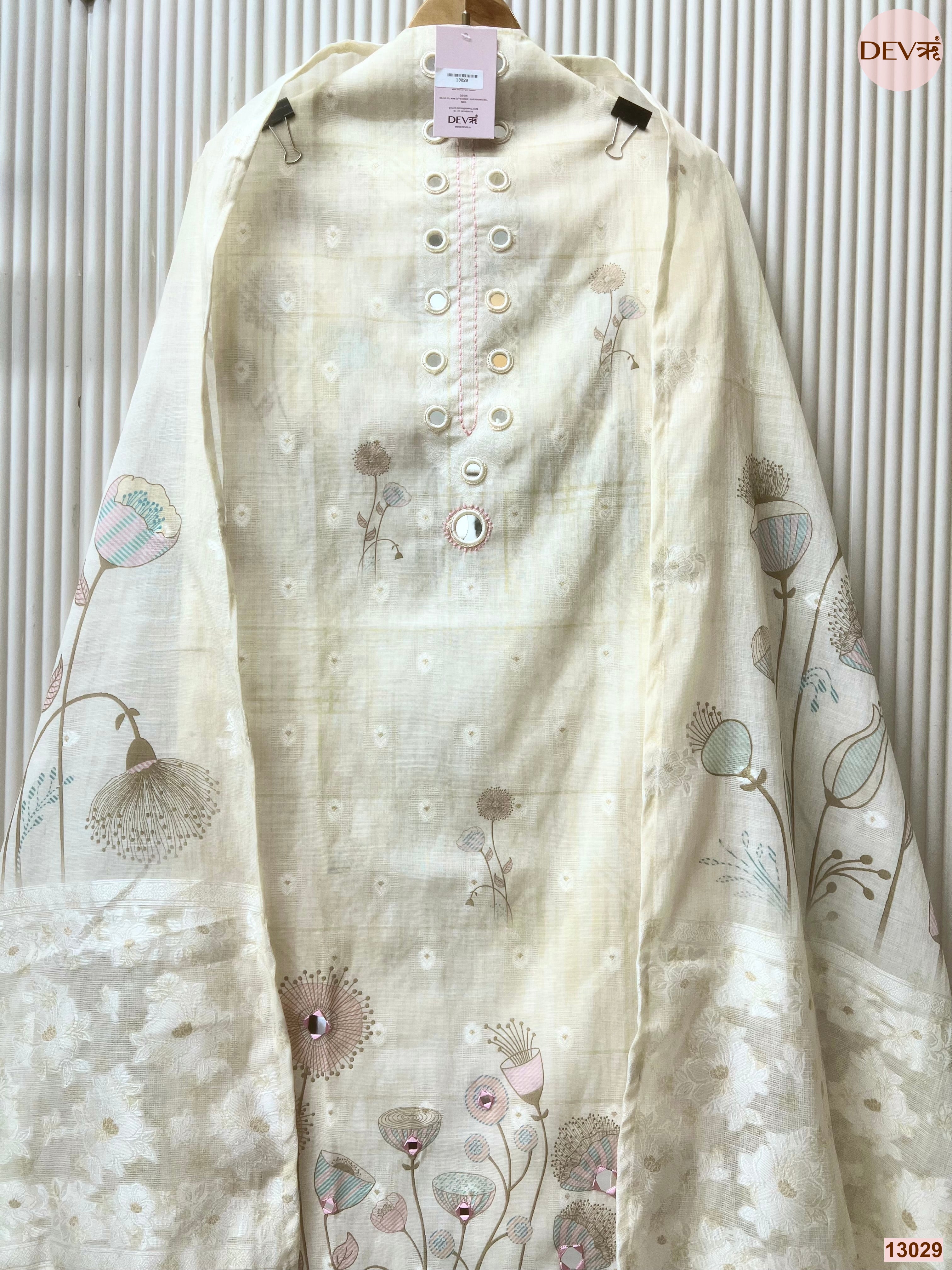 Cream Pure Linen Printed Unstitched 3-Piece Suit (Devri – D.No 13029)
