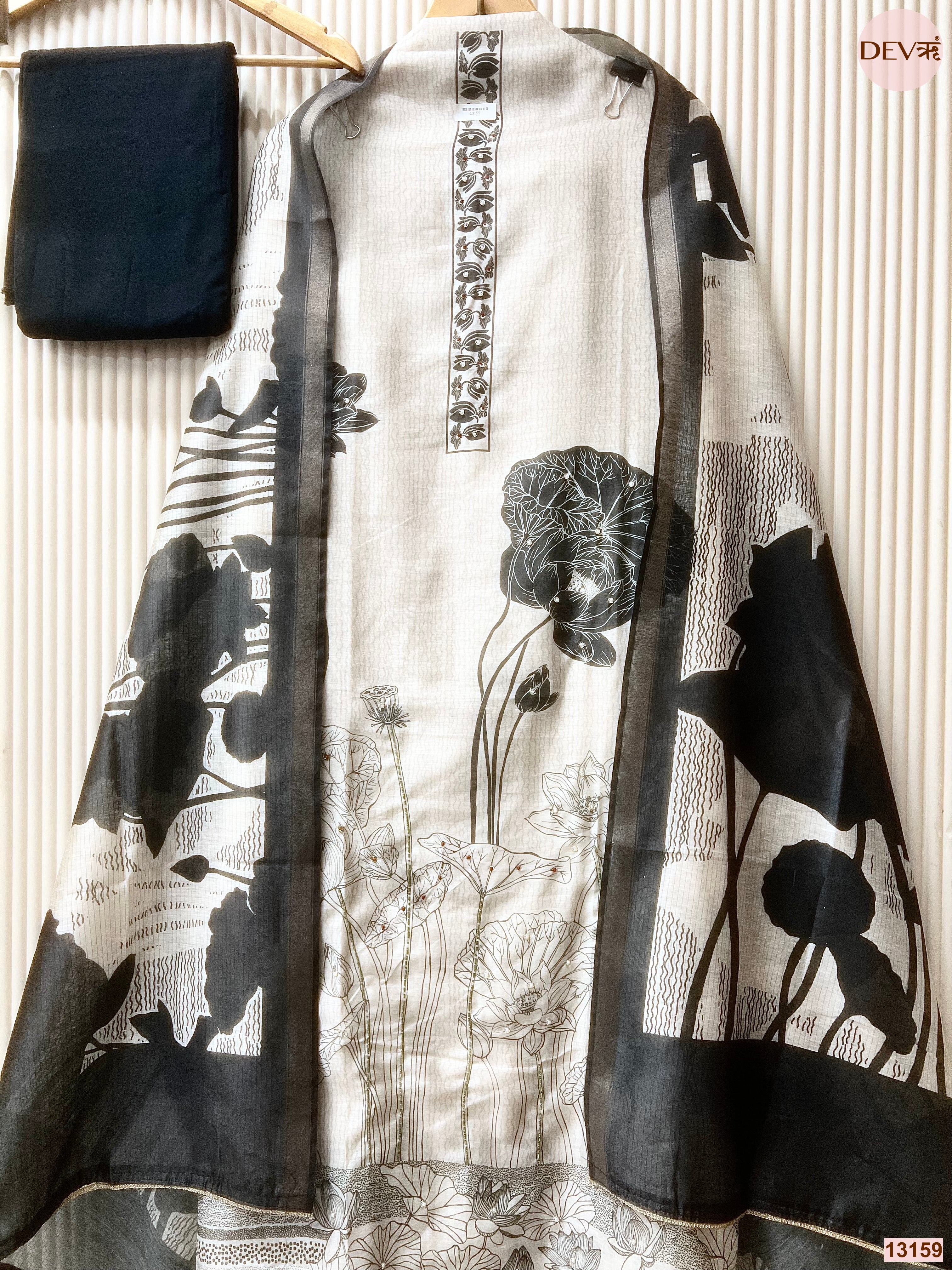 White Mul Chanderi Printed Unstitched 3-Piece Suit (Devri – D.No 13159)