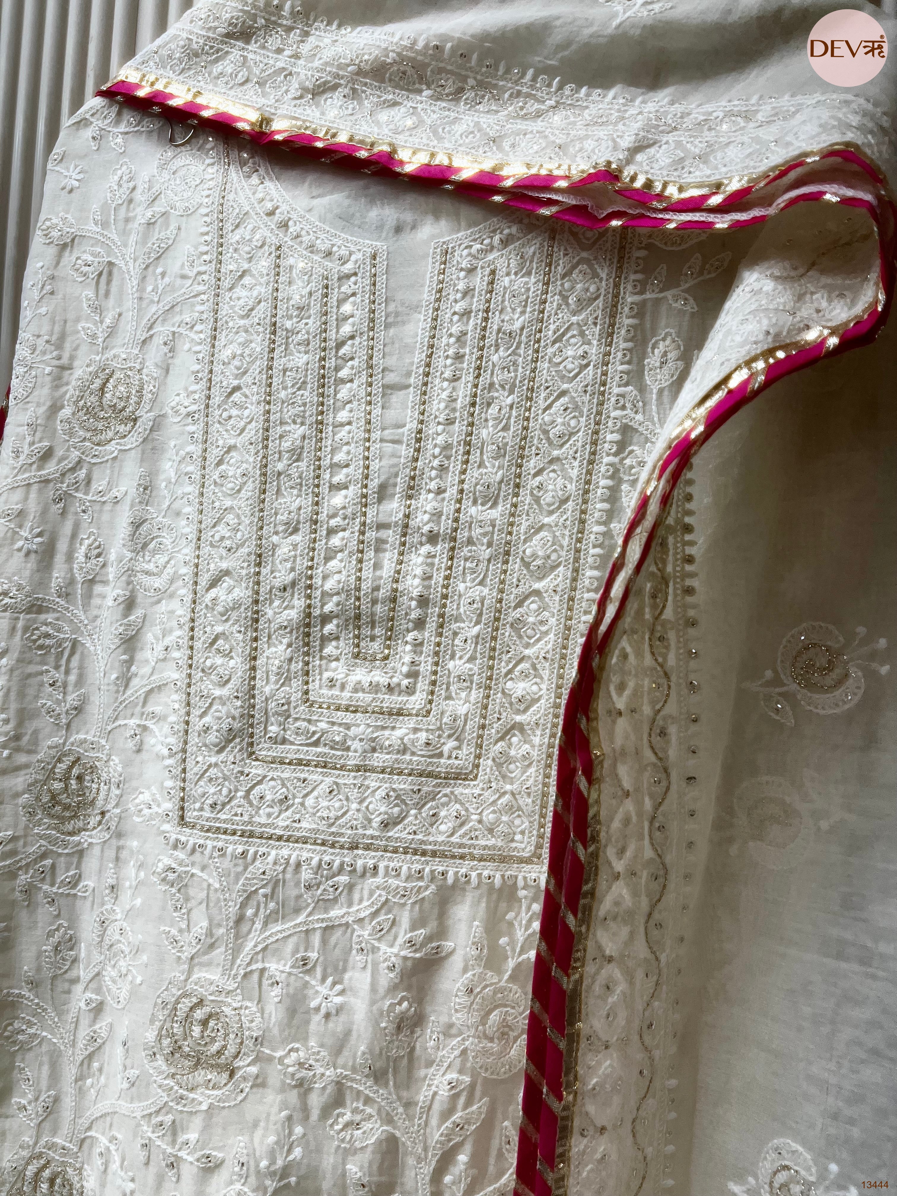 White Mul chanderi Embroidered Unstitched 3-Piece Suit (Devri – D.No 13444)