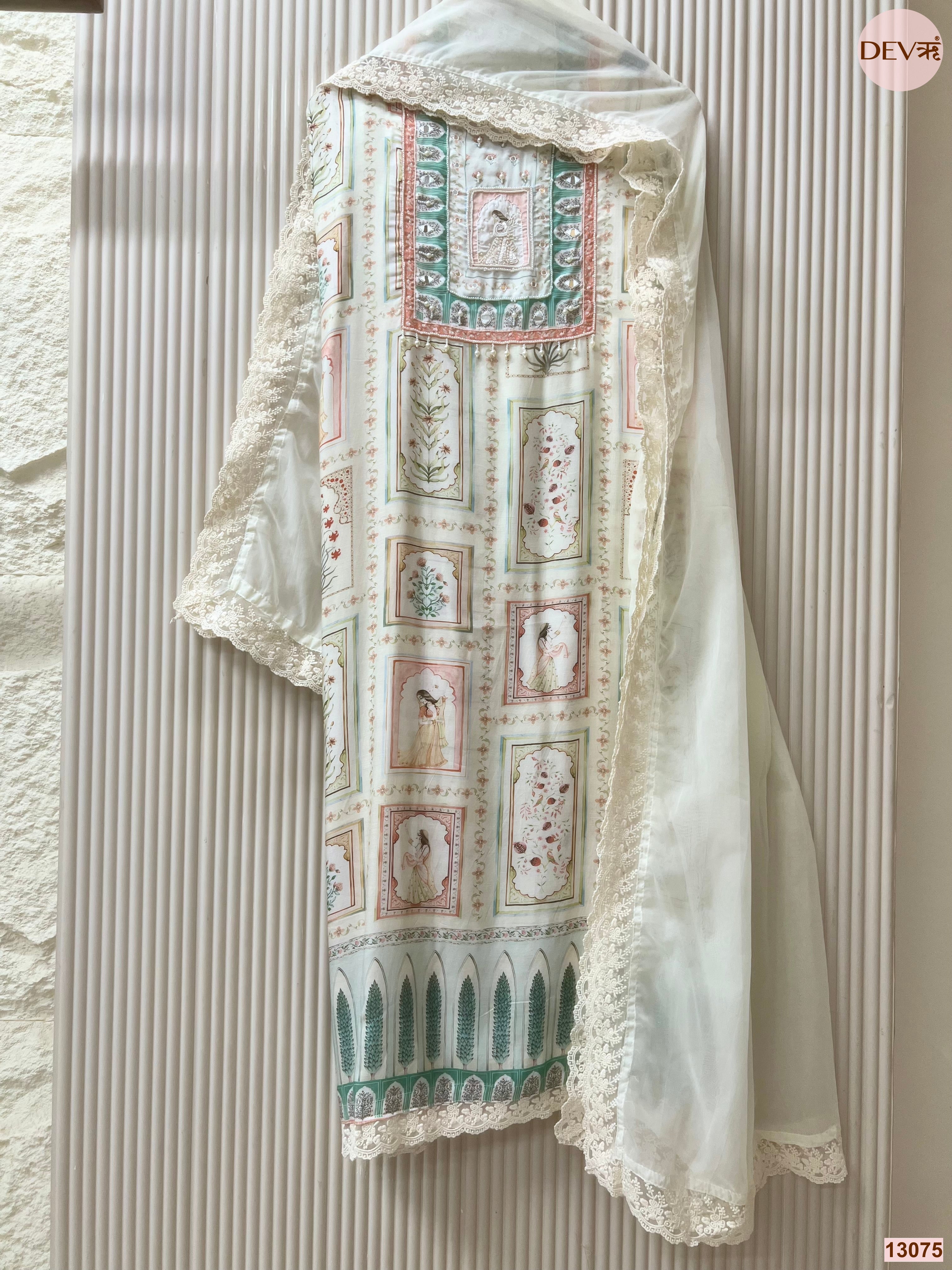 Cream Muslin Printed Unstitched 3-Piece Suit (Devri – D.No 13075)