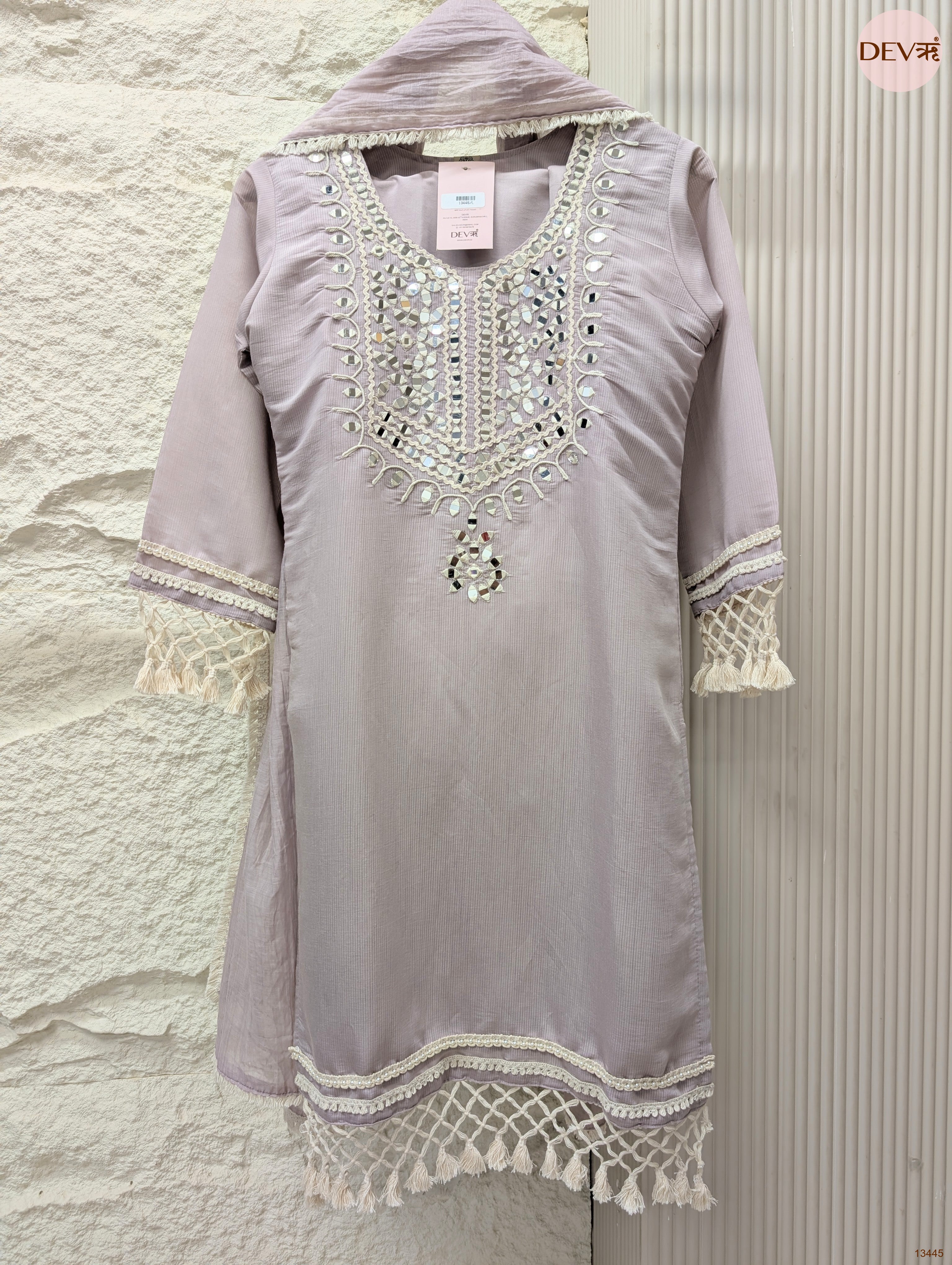 Gulnaar Mul Chanderi Embroidered Lilac 3-Piece Set (Devri – D.No 13445)