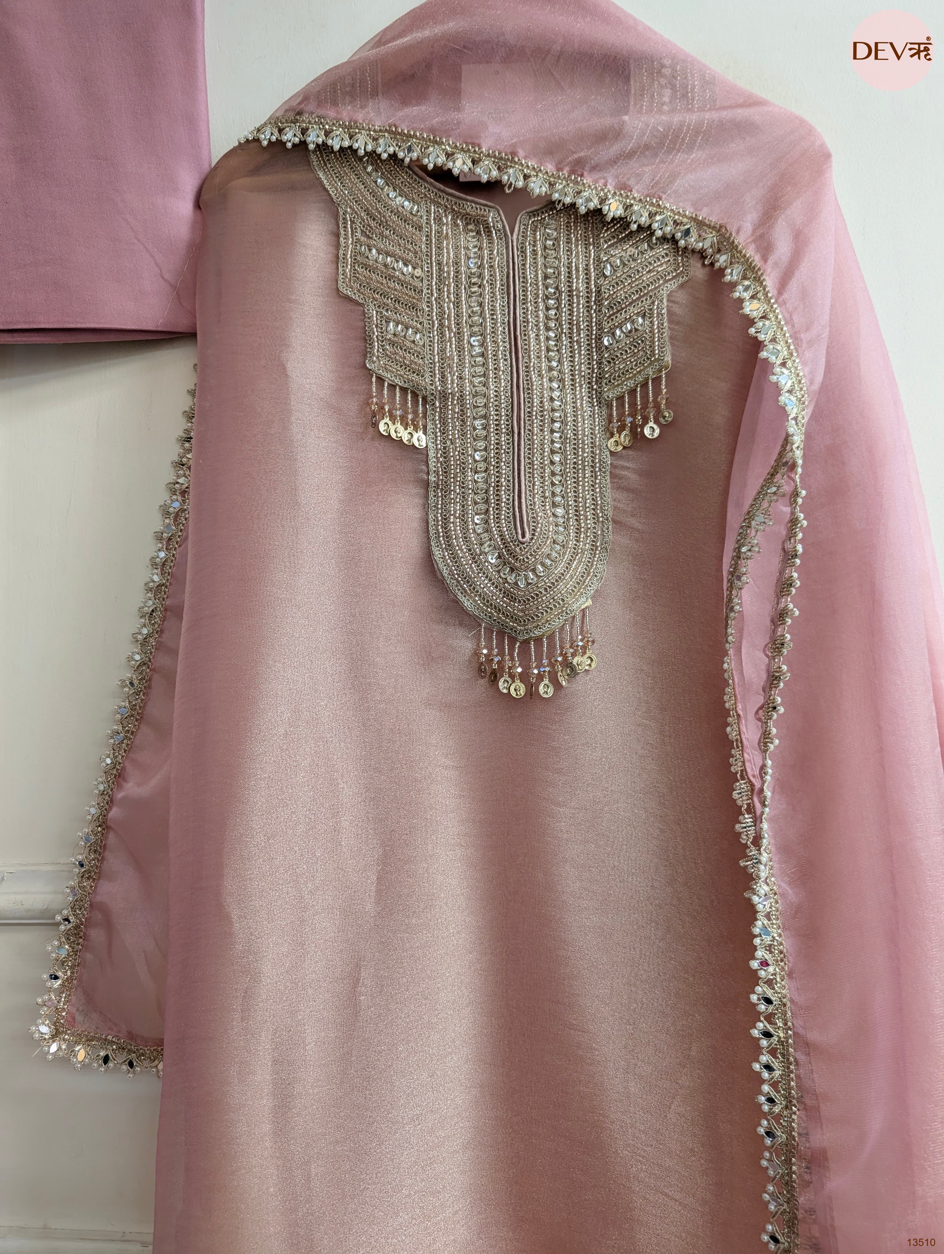 Pink Tissue Silk Hand Unstitched 3-Piece Suit (Devri – D.No 13510)
