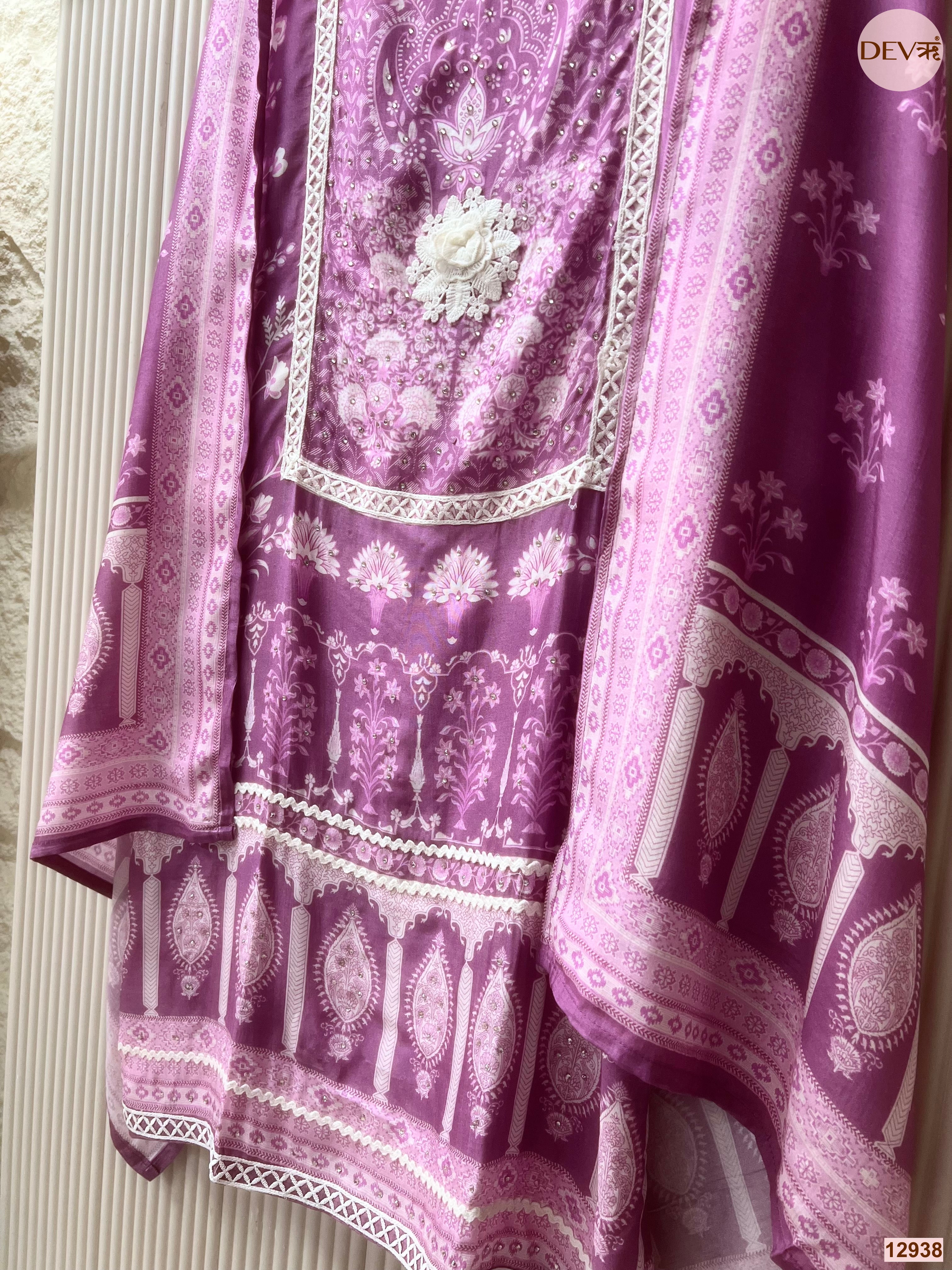 Purple Muslin Printed Unstitched 3-Piece Suit (Devri – D.No 12938)