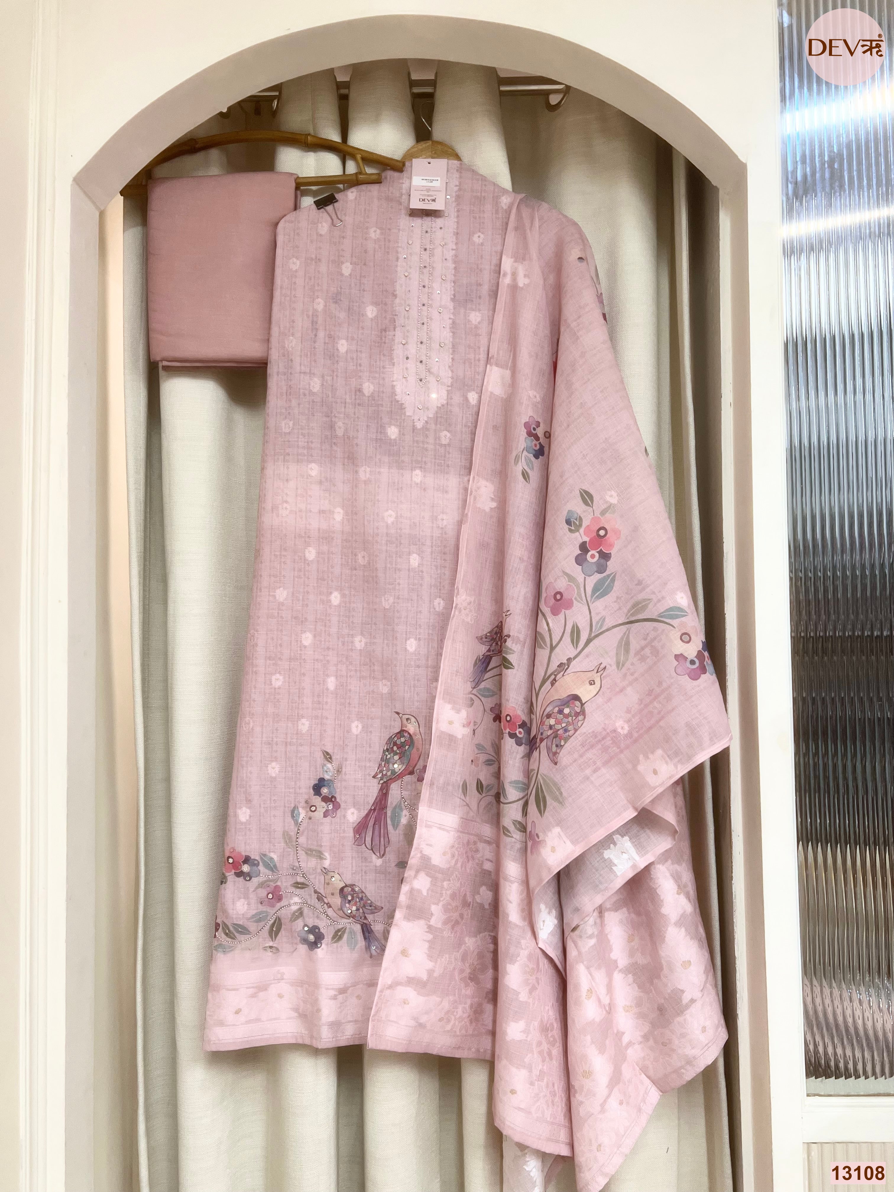 Pink Linen Cotton Printed Unstitched 3-Piece Suit (Devri – D.No 13108)