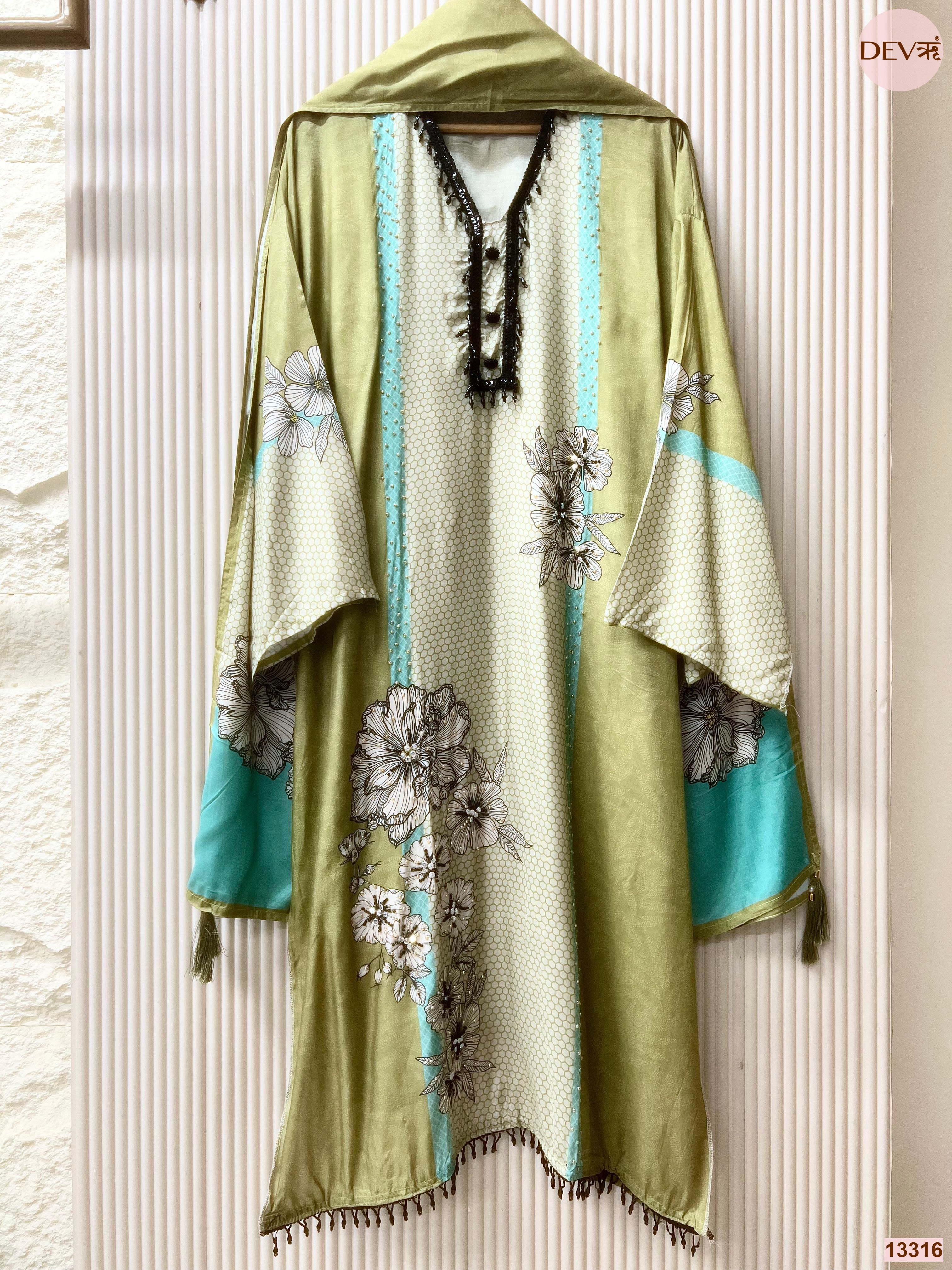 Green Muslin Printed Unstitched 3-Piece Suit (Devri – D.No 13316)