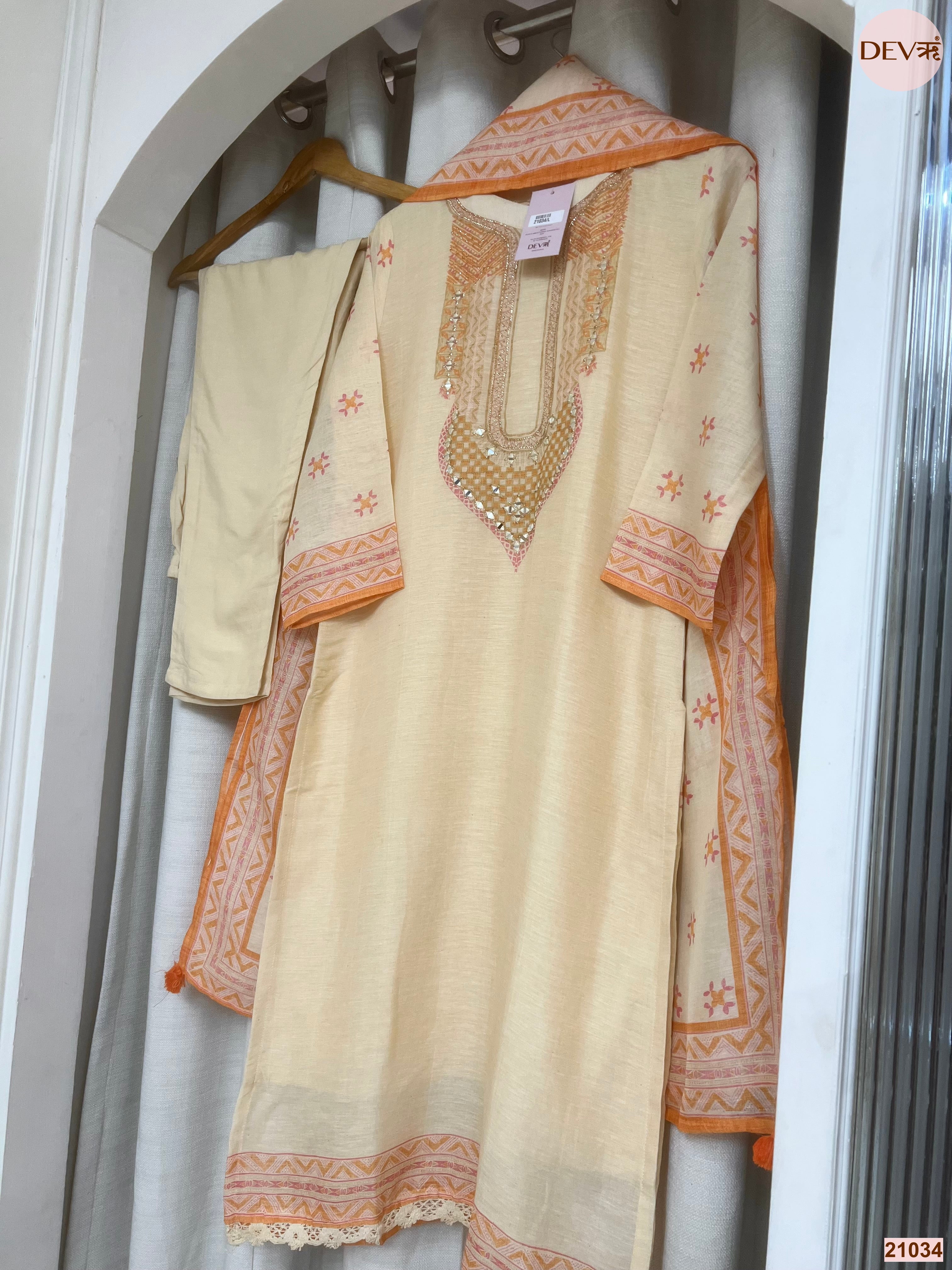 Vasanti Cotton Embroidered Cream 3-Piece Set (Devri – D.No 21034)