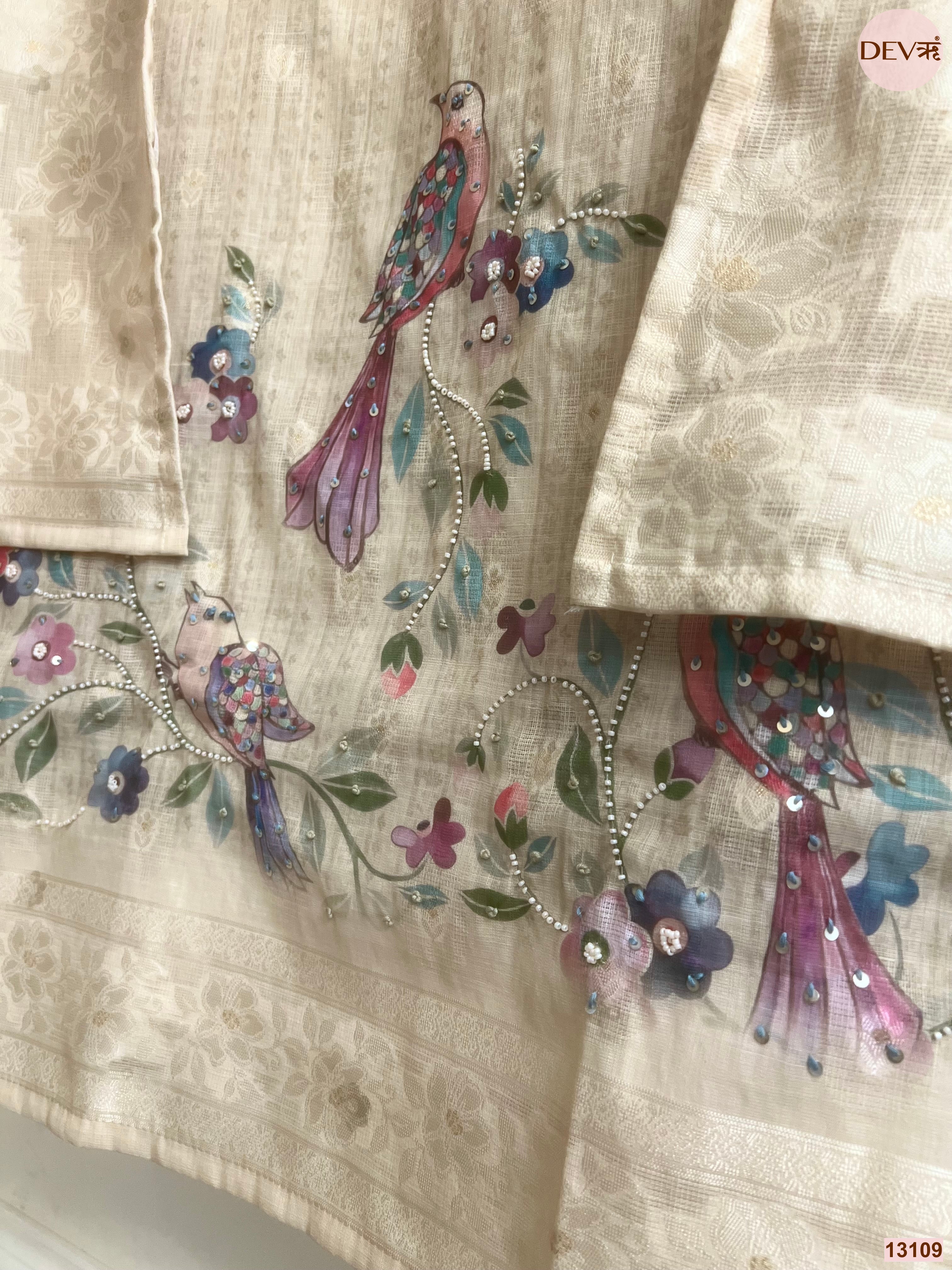 Beige Linen Cotton Printed Unstitched 3-Piece Suit (Devri – D.No 13109)