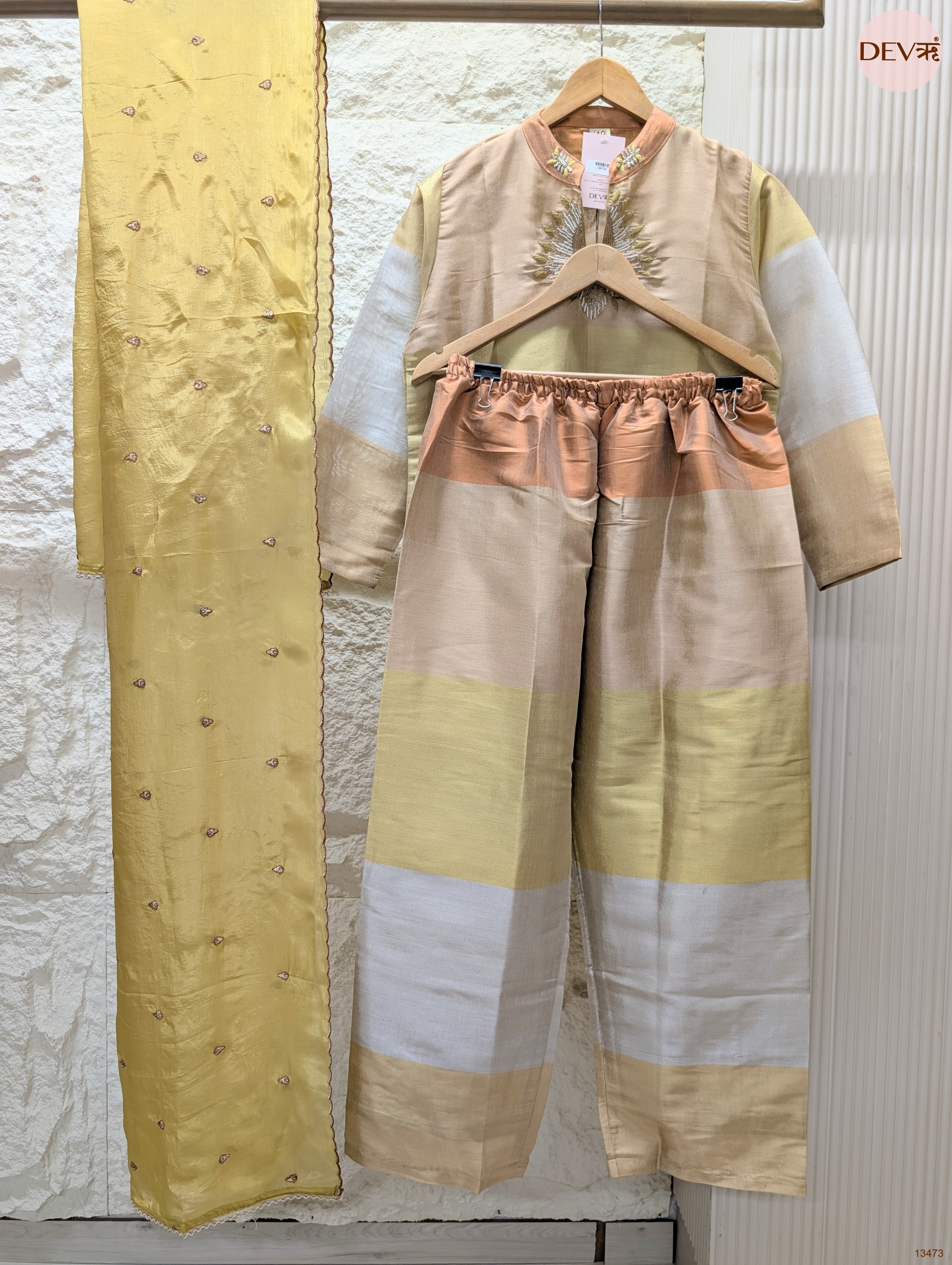 Vasanti Tissue silk Embroidered Pastel Yellow 3-Piece Set (Devri – D.No 13473)