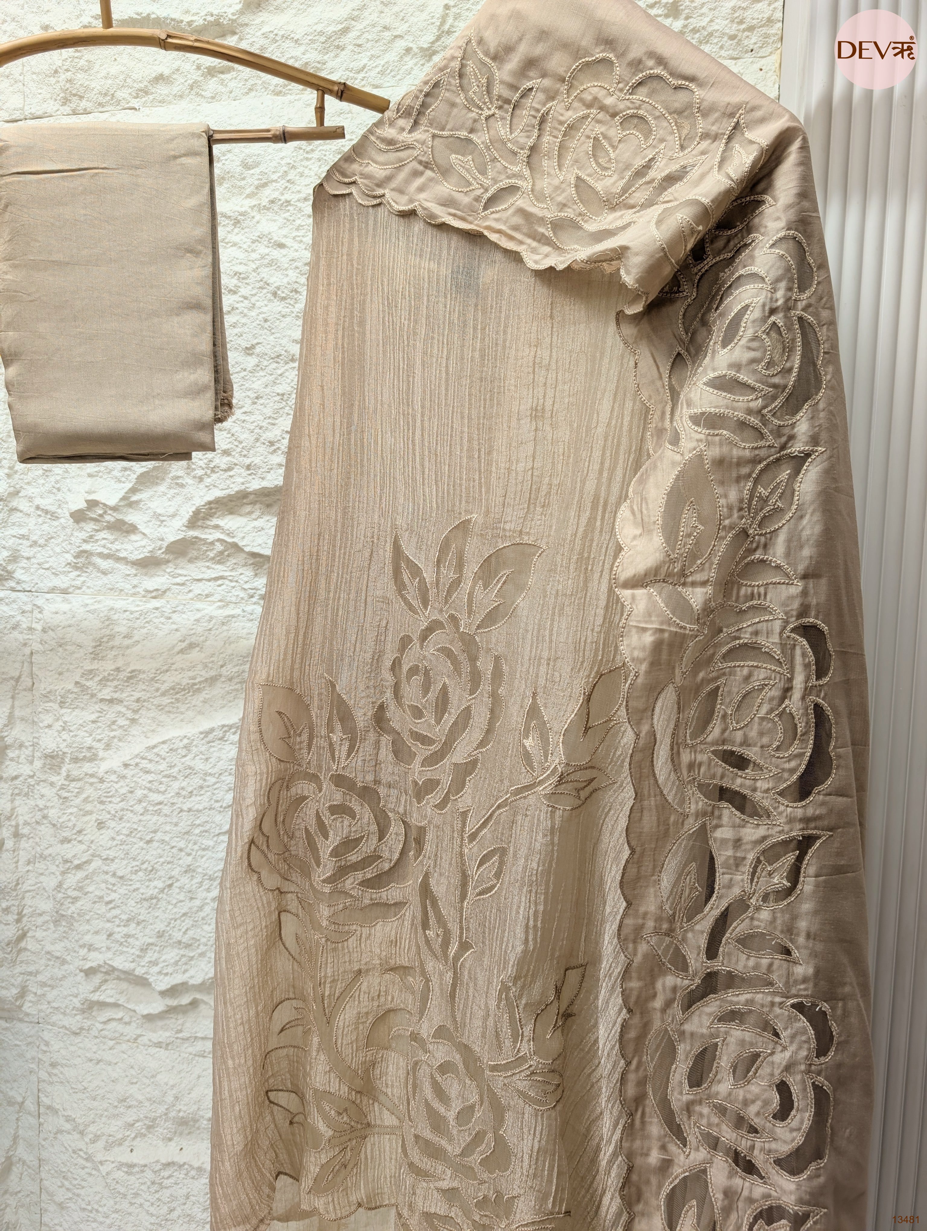 Beige Tissue Crush Silk Embroidered Unstitched 3-Piece Suit (Devri – D.No 13481)
