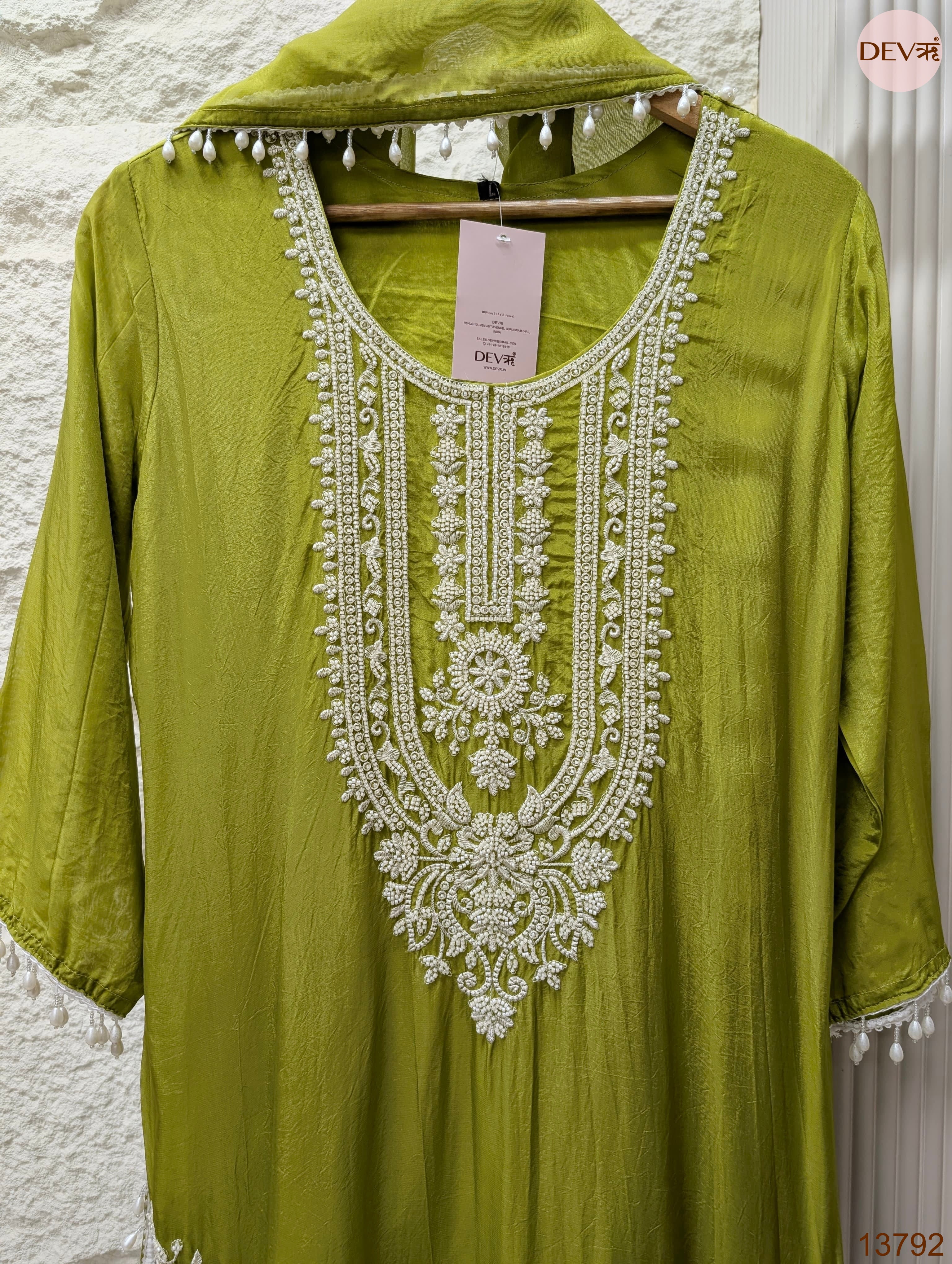Zareen Pure organza silk Embroidered Olive Green 3-Piece Set (Devri – D.No 13792)