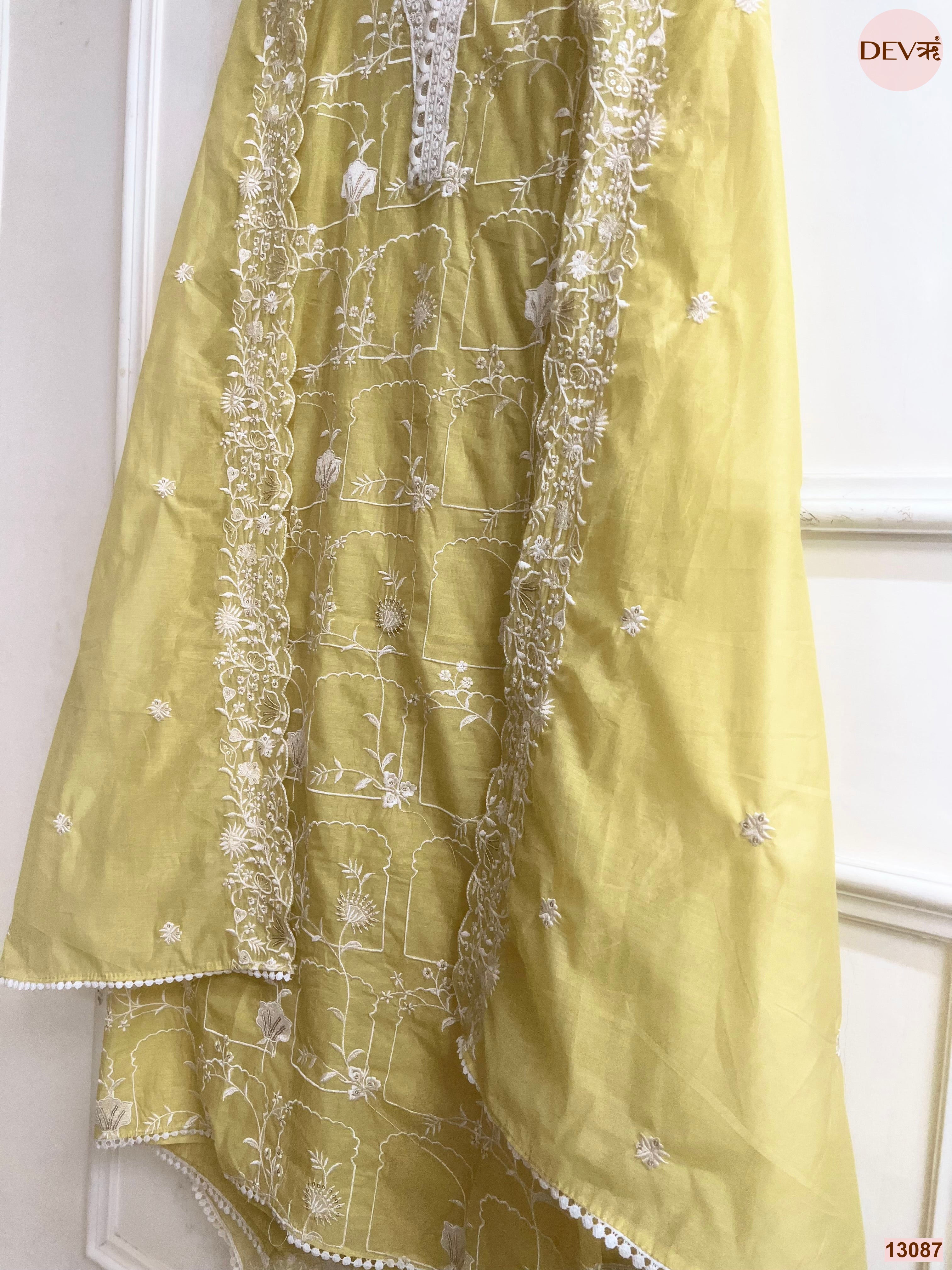 Yellow Mul Chanderi Embroidered Unstitched 3-Piece Suit (Devri – D.No 13087)