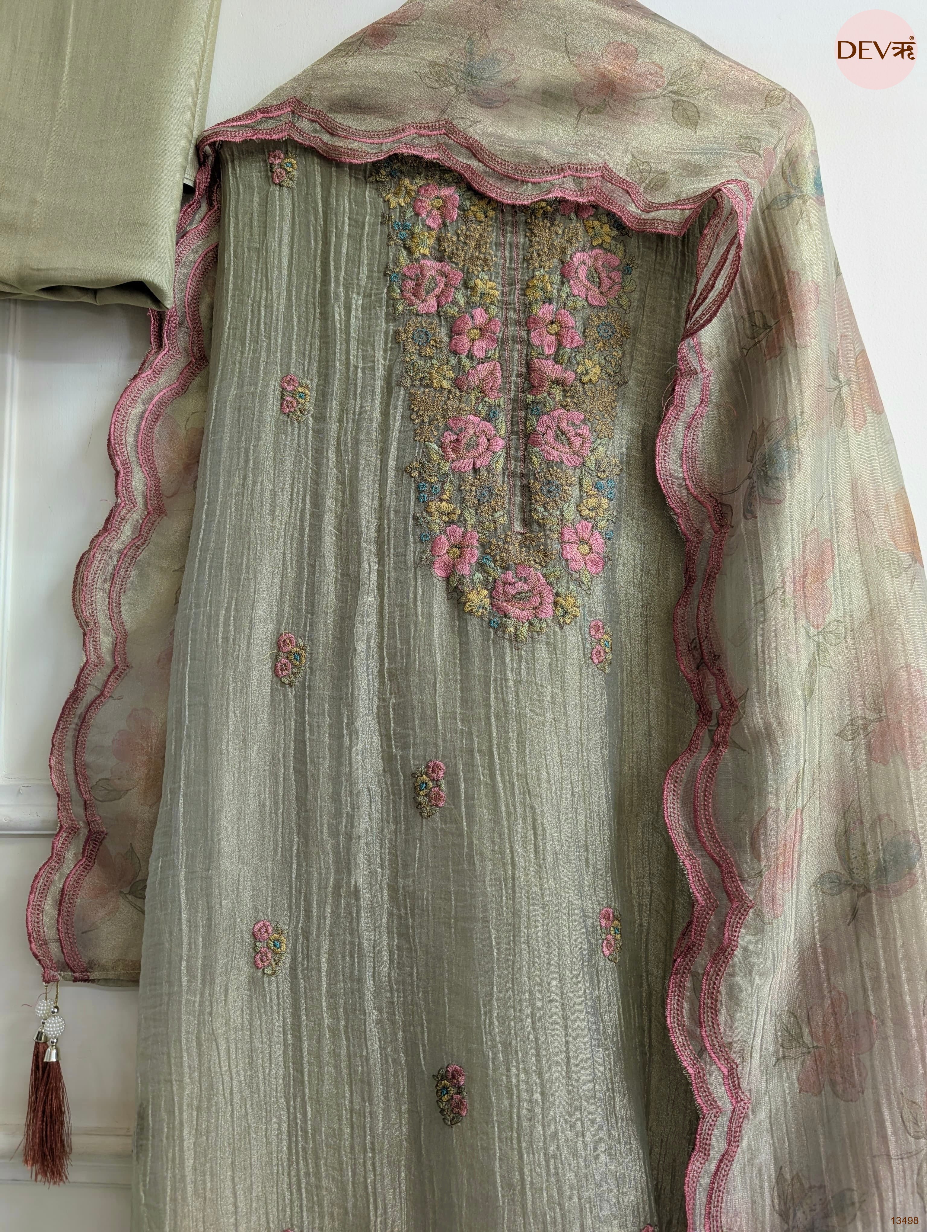 Olive Tissue Crush Silk Embroidered Unstitched 3-Piece Suit (Devri – D.No 13498)