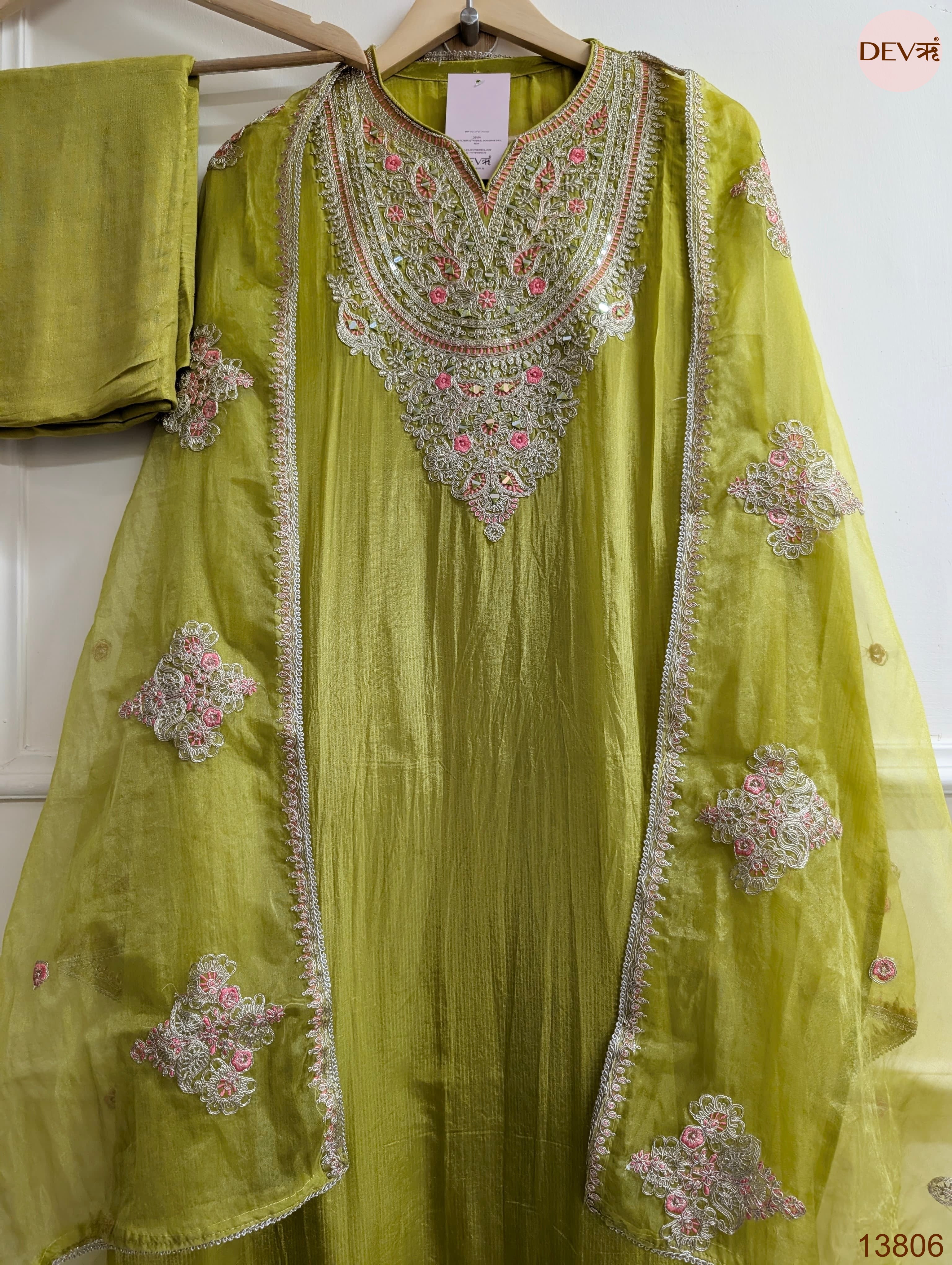 Olive Tissue Organza Silk Embroidered Unstitched 3-Piece Suit (Devri – D.No 13806)