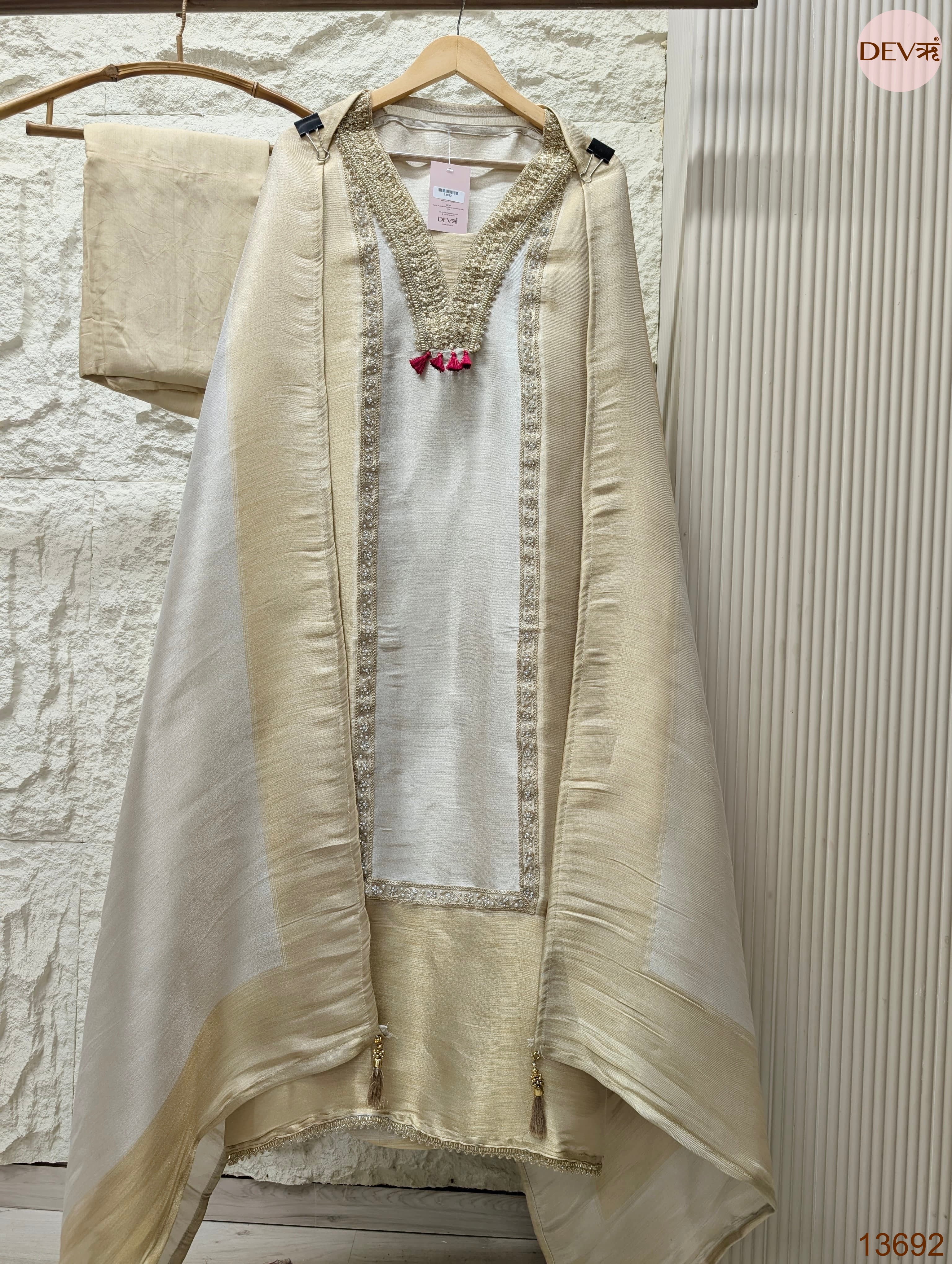 Cream Tissue Slik Embroidered Unstitched 3-Piece Suit (Devri – D.No 13692)