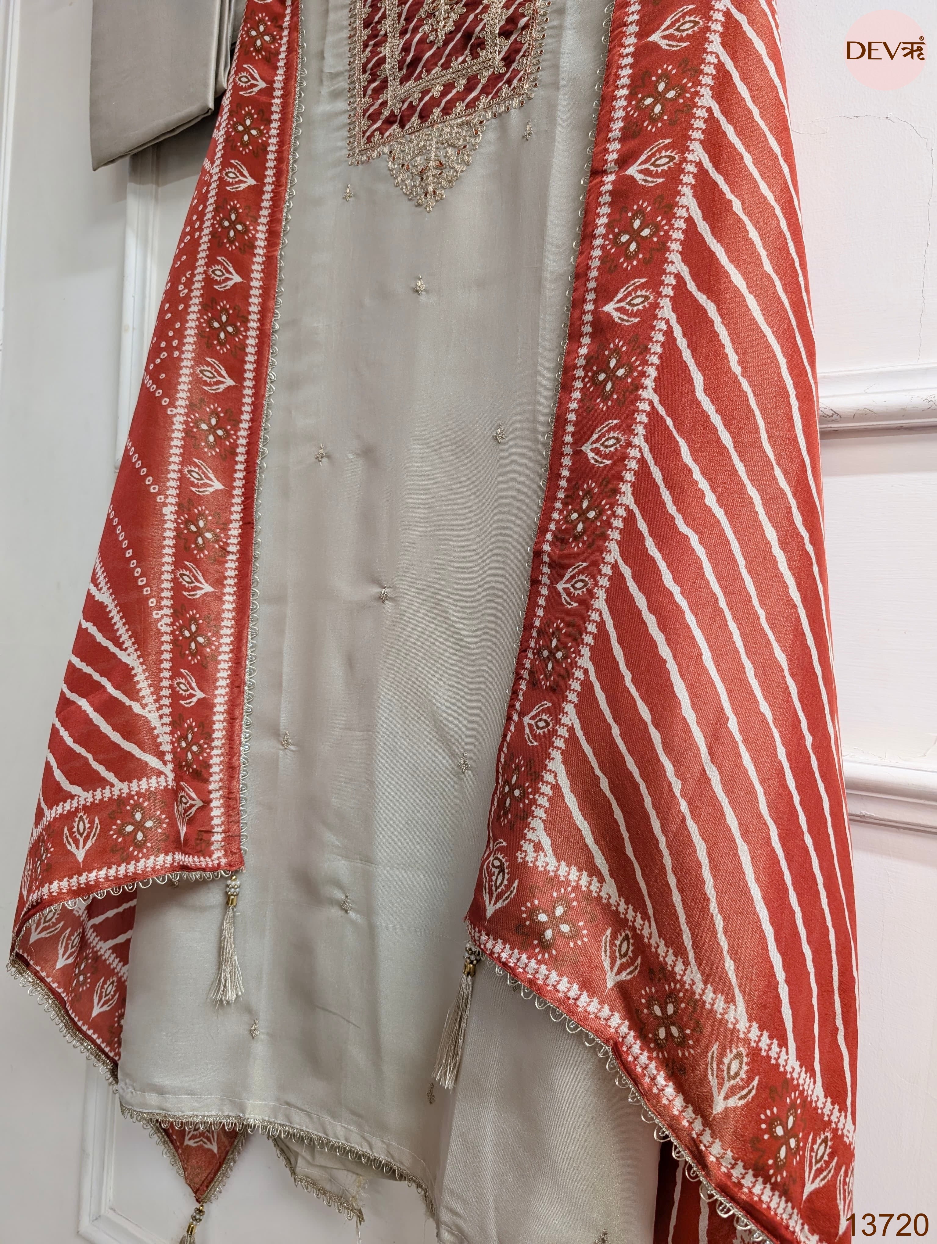 Beige Tissue Silk Embroidered Unstitched 3-Piece Suit (Devri – D.No 13720)