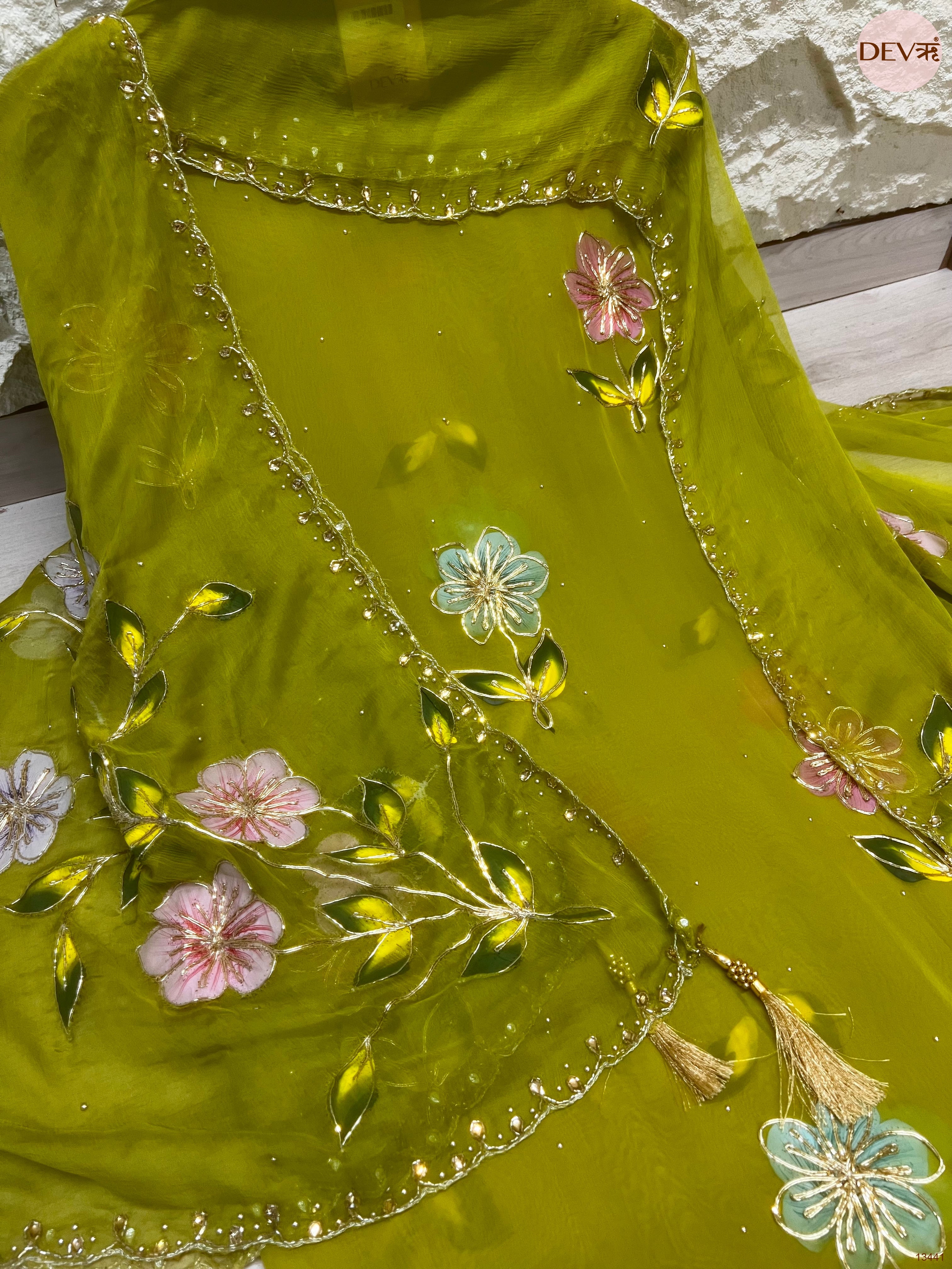 Olive viscose organza Embroidered Unstitched 3-Piece Suit (Devri – D.No 13441)