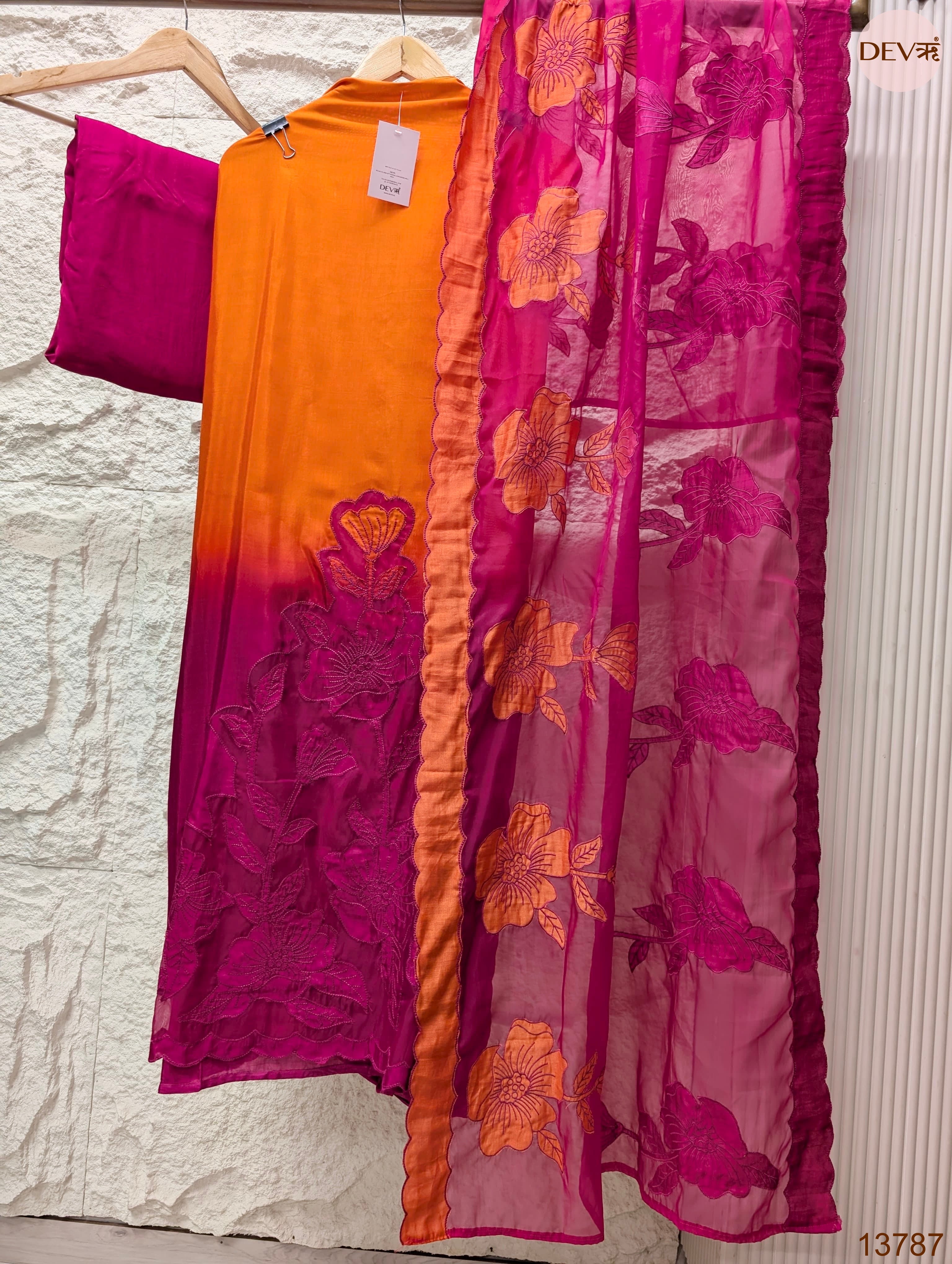 Orange Muslin Embroidered Unstitched 3-Piece Suit (Devri – D.No 13787)