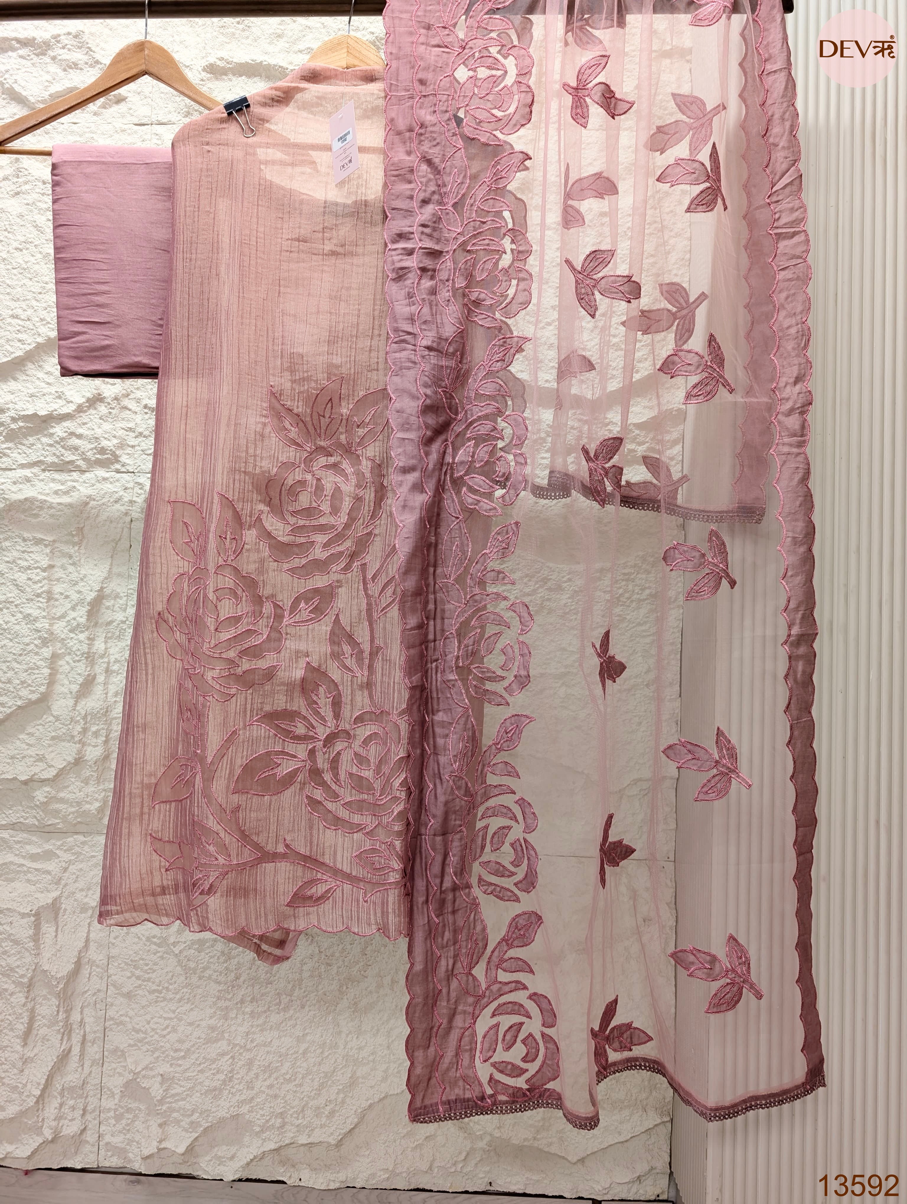 Pink Tissue Crush Silk Embroidered Unstitched 3-Piece Suit (Devri – D.No 13592)