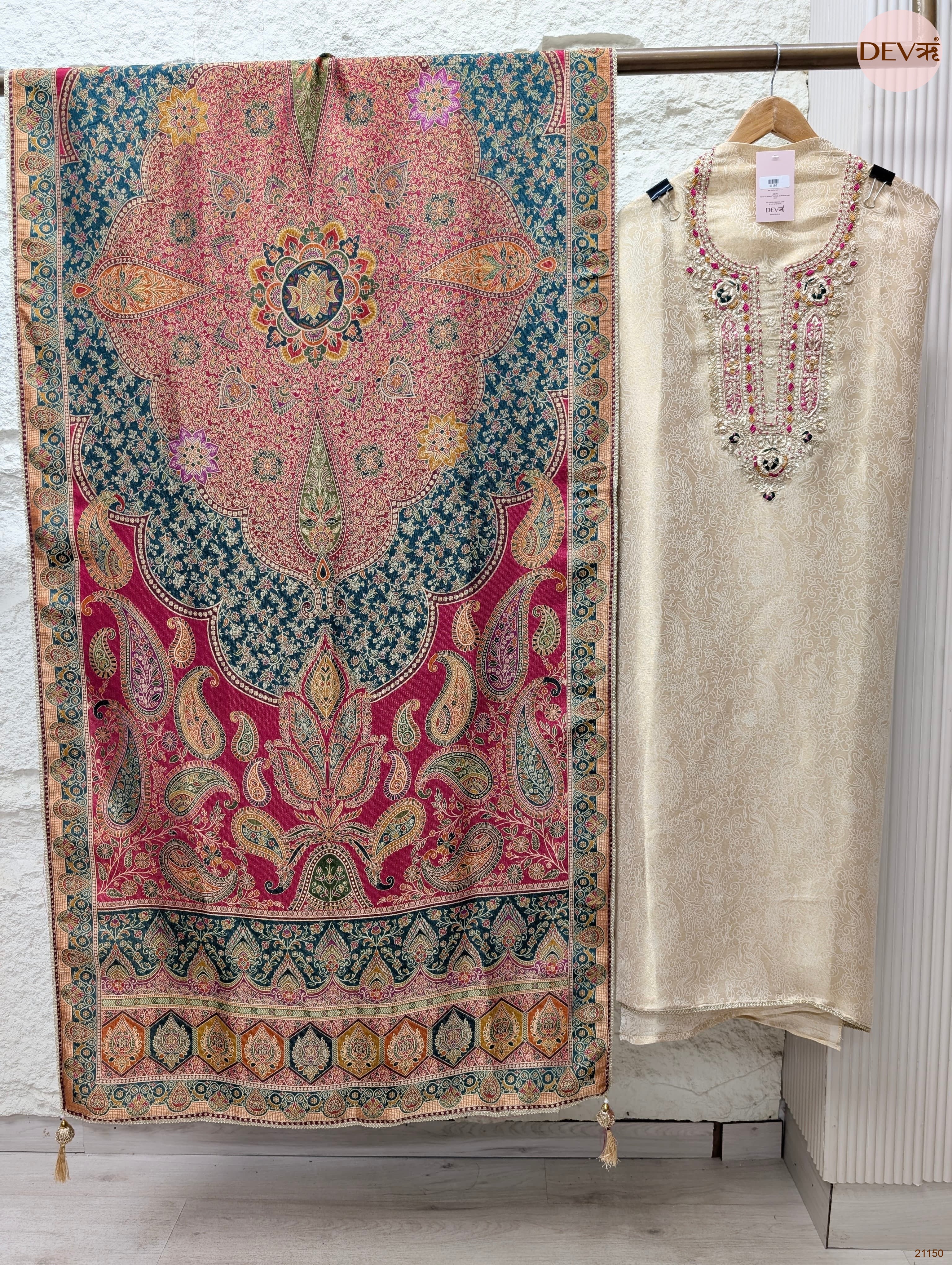 Cream Pure Banarasi Woven Silk Embroidered Unstitched 3-Piece Suit (Devri – D.No 21150)