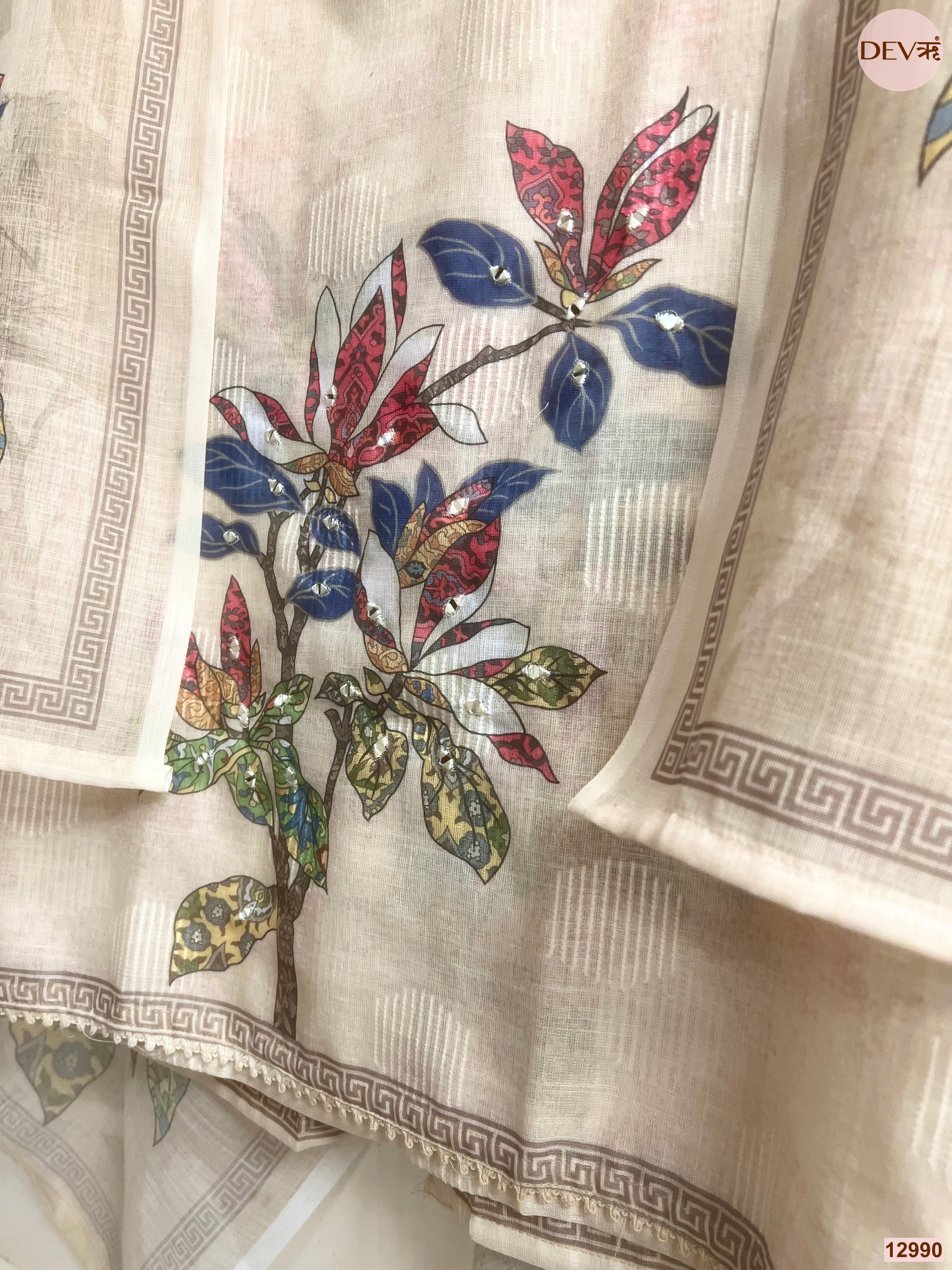 Cream Linen Printed Unstitched 3-Piece Suit (Devri – D.No 12990)