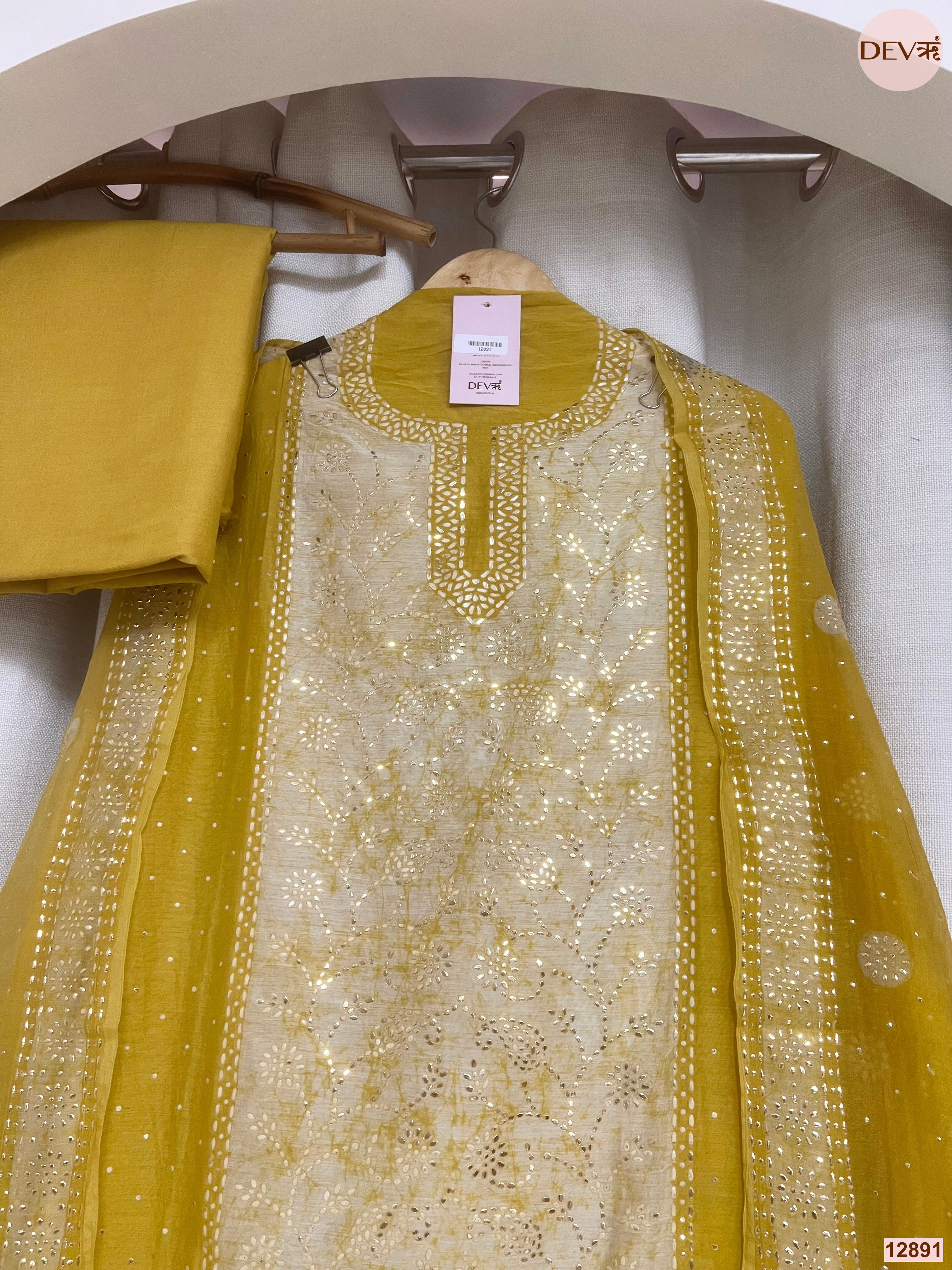 Yellow Mul Chanderi Printed Unstitched 3-Piece Suit (Devri – D.No 12891)