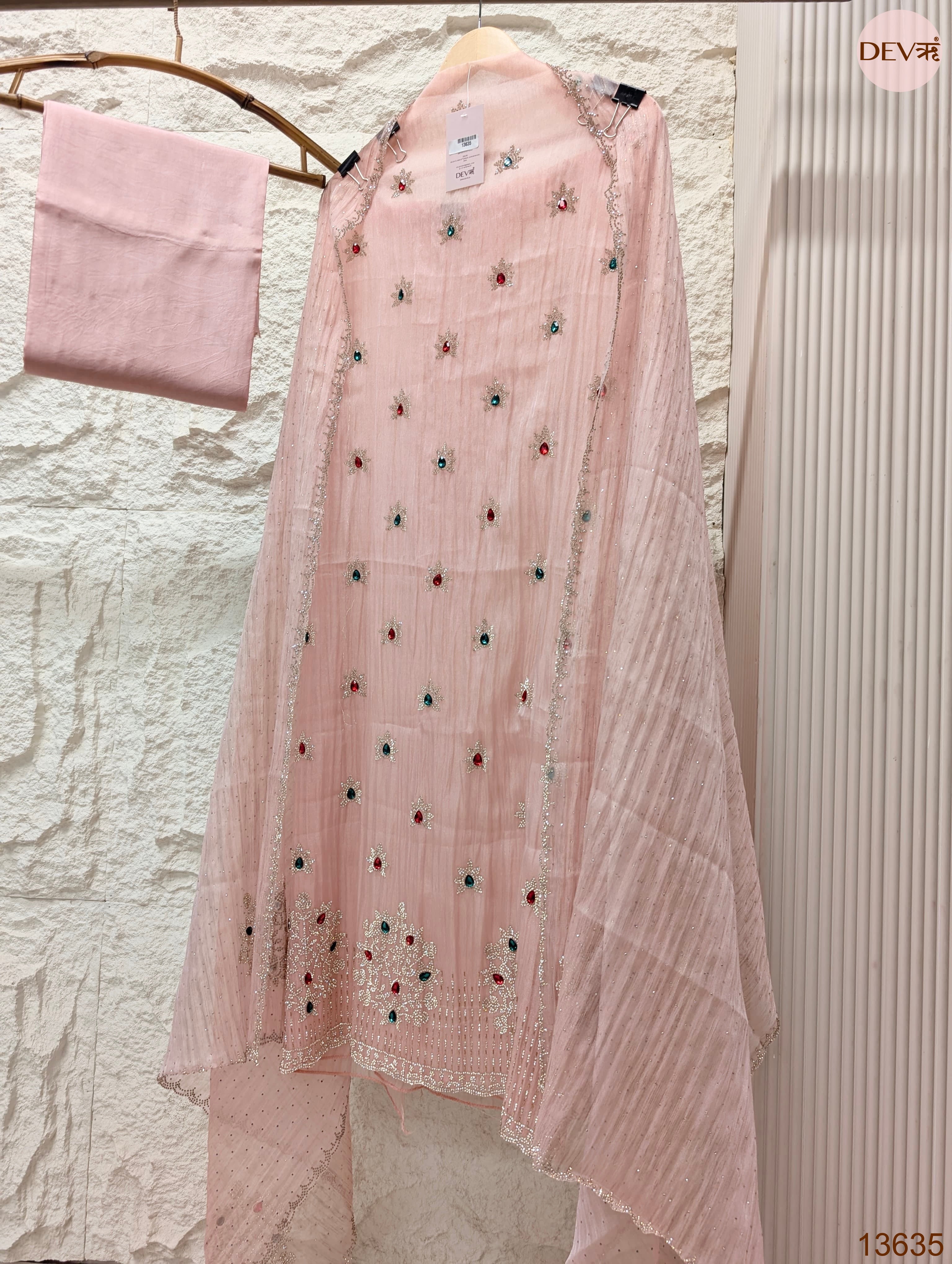 Pink Pure Organza Silk Embroidered Unstitched 3-Piece Suit (Devri – D.No 13635)