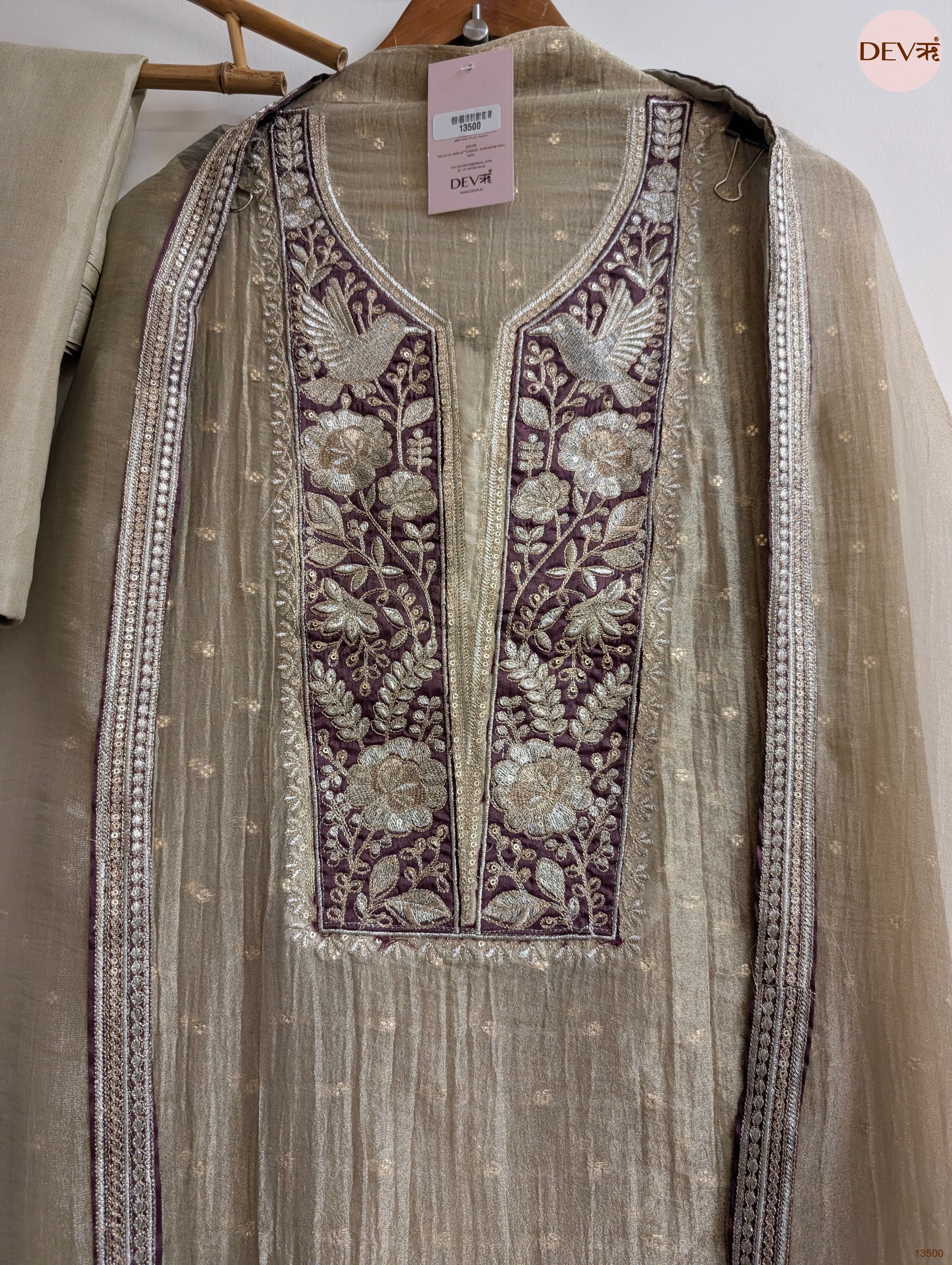 Olive Tissue Silk Embroidered Unstitched 3-Piece Suit (Devri – D.No 13500)