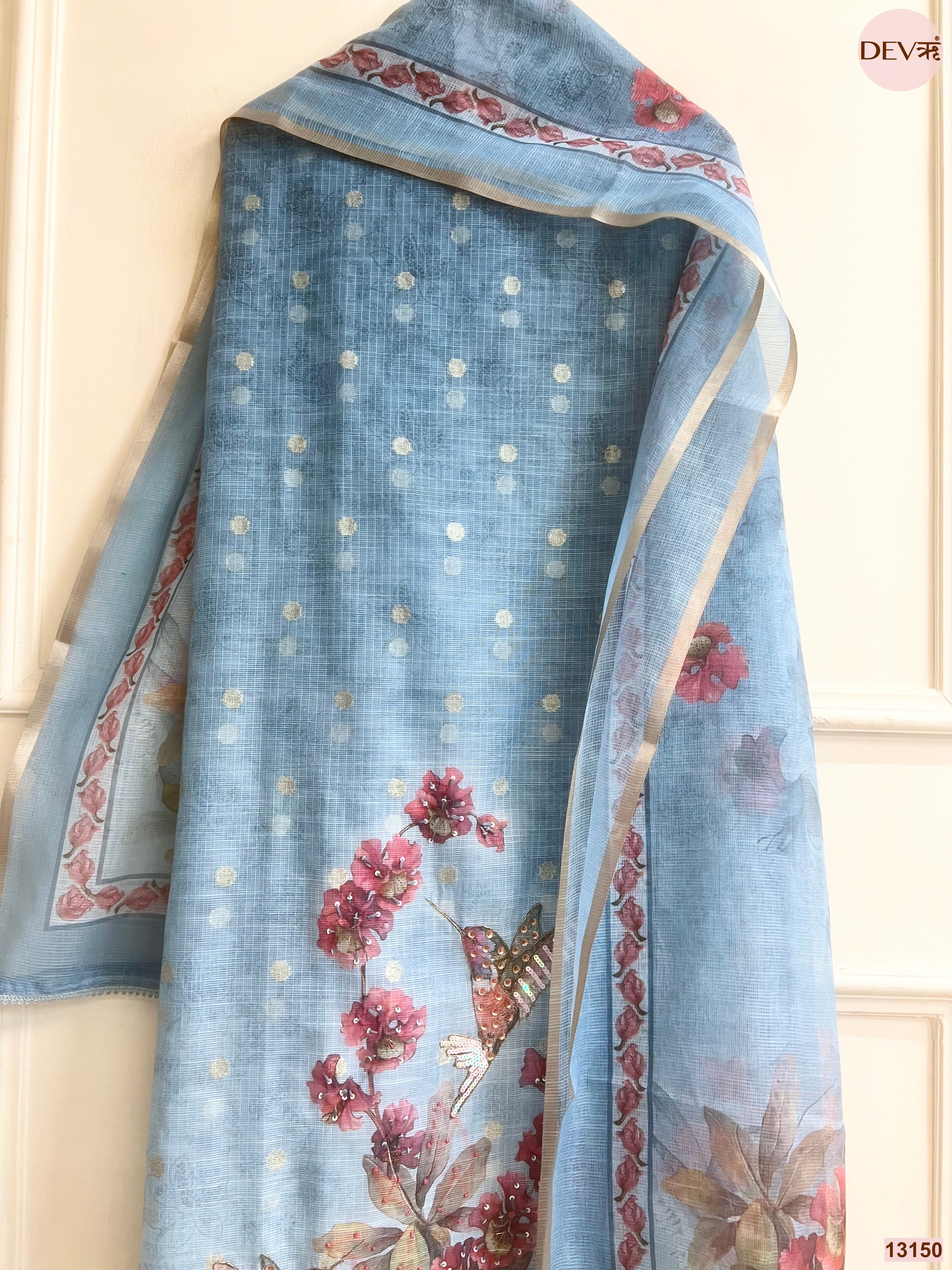 Blue Kota Printed Unstitched 3-Piece Suit (Devri – D.No 13150)